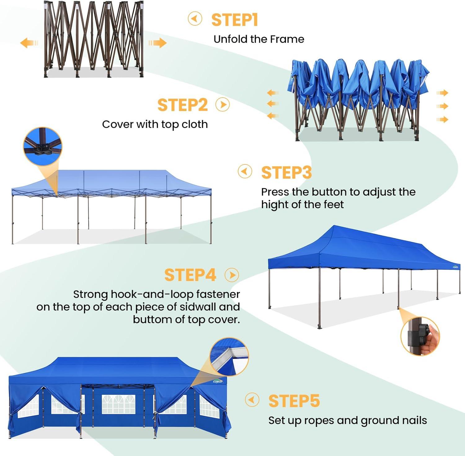 image:imageCOBIZI 10x30 Pop Up Heavy Duty Canopy with 8 Sidewalls and Hexagonal Legs Easy up Tent for Party Wedding and Commercial Outdoor Canopy with Roller Bag Sand Bags Waterproof amp UPF50 GrayBlue