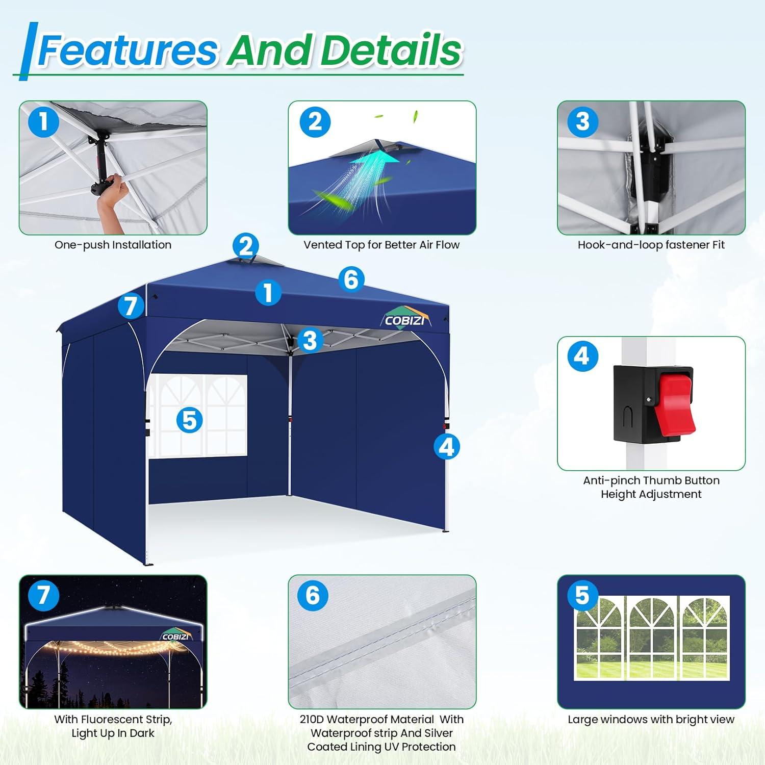 image:imageCOBIZI 10x30 Pop Up Heavy Duty Canopy with 8 Sidewalls and Hexagonal Legs Easy up Tent for Party Wedding and Commercial Outdoor Canopy with Roller Bag Sand Bags Waterproof amp UPF50 GrayDark Blue