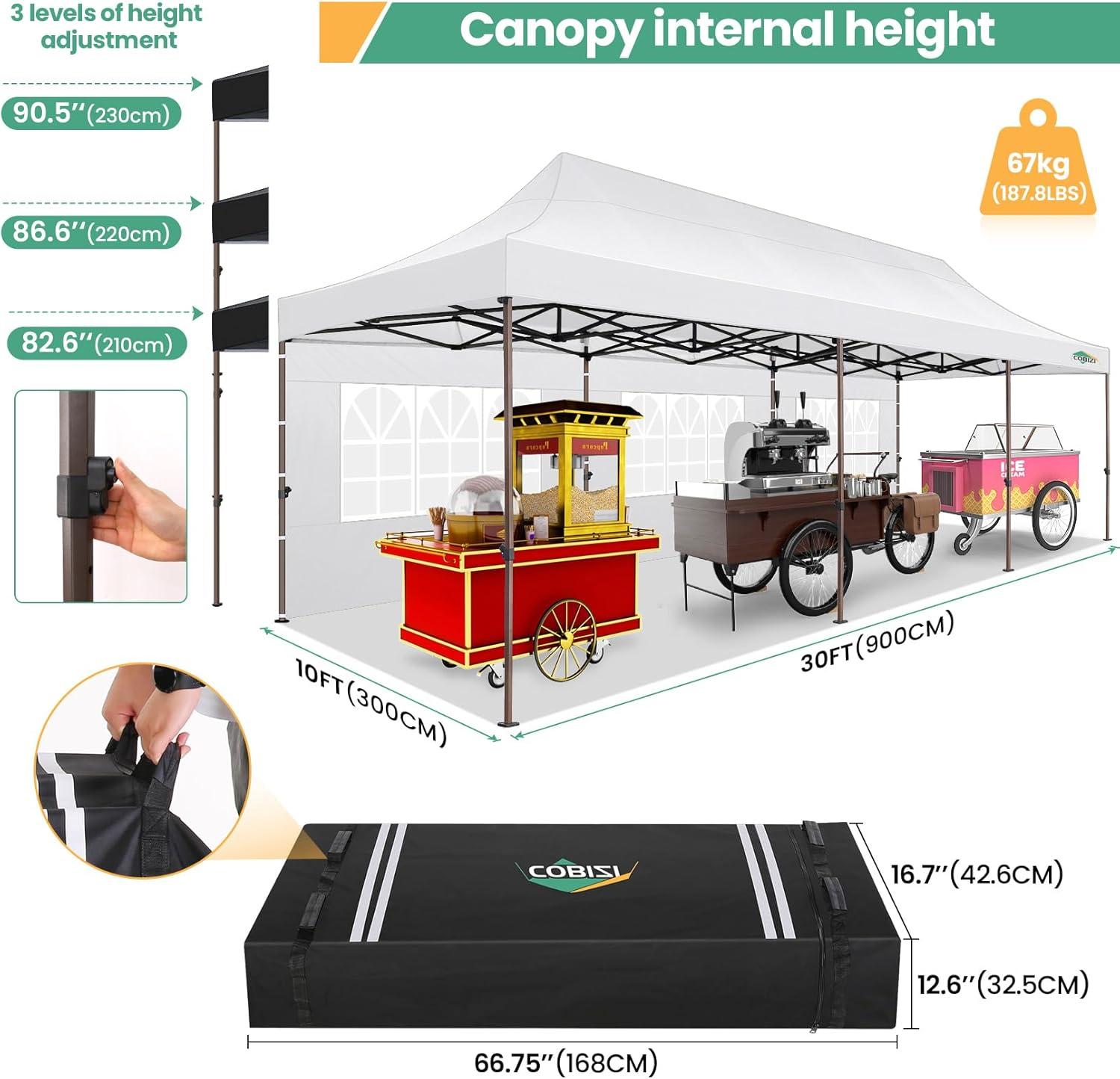 image:imageCOBIZI 10x30 Pop Up Heavy Duty Canopy with 8 Sidewalls and Hexagonal Legs Easy up Tent for Party Wedding and Commercial Outdoor Canopy with Roller Bag Sand Bags Waterproof amp UPF50 GrayWhite