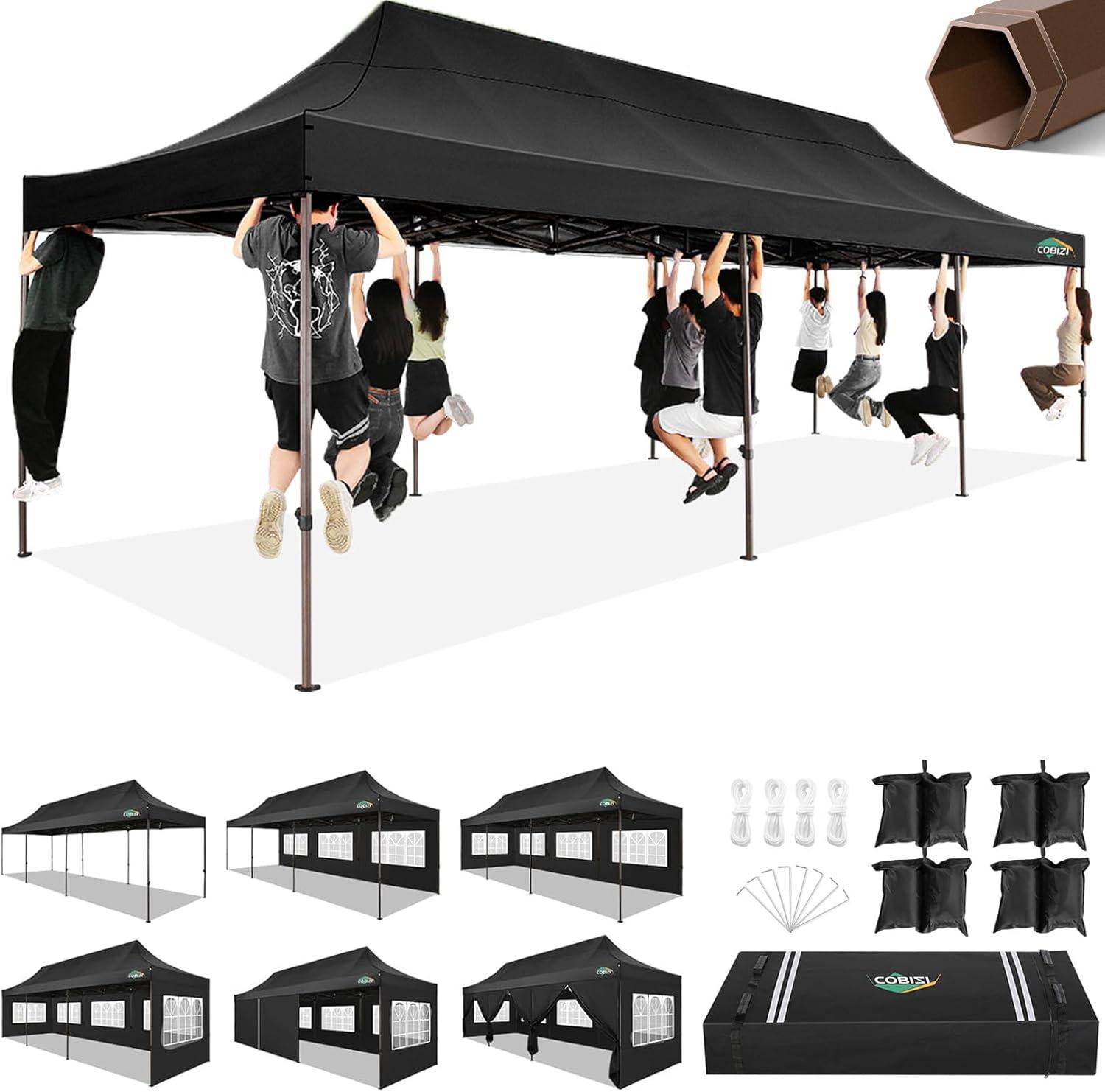 image:imageCOBIZI 10x30 Pop Up Heavy Duty Canopy with 8 Sidewalls and Hexagonal Legs Easy up Tent for Party Wedding and Commercial Outdoor Canopy with Roller Bag Sand Bags Waterproof amp UPF50 GrayBlack