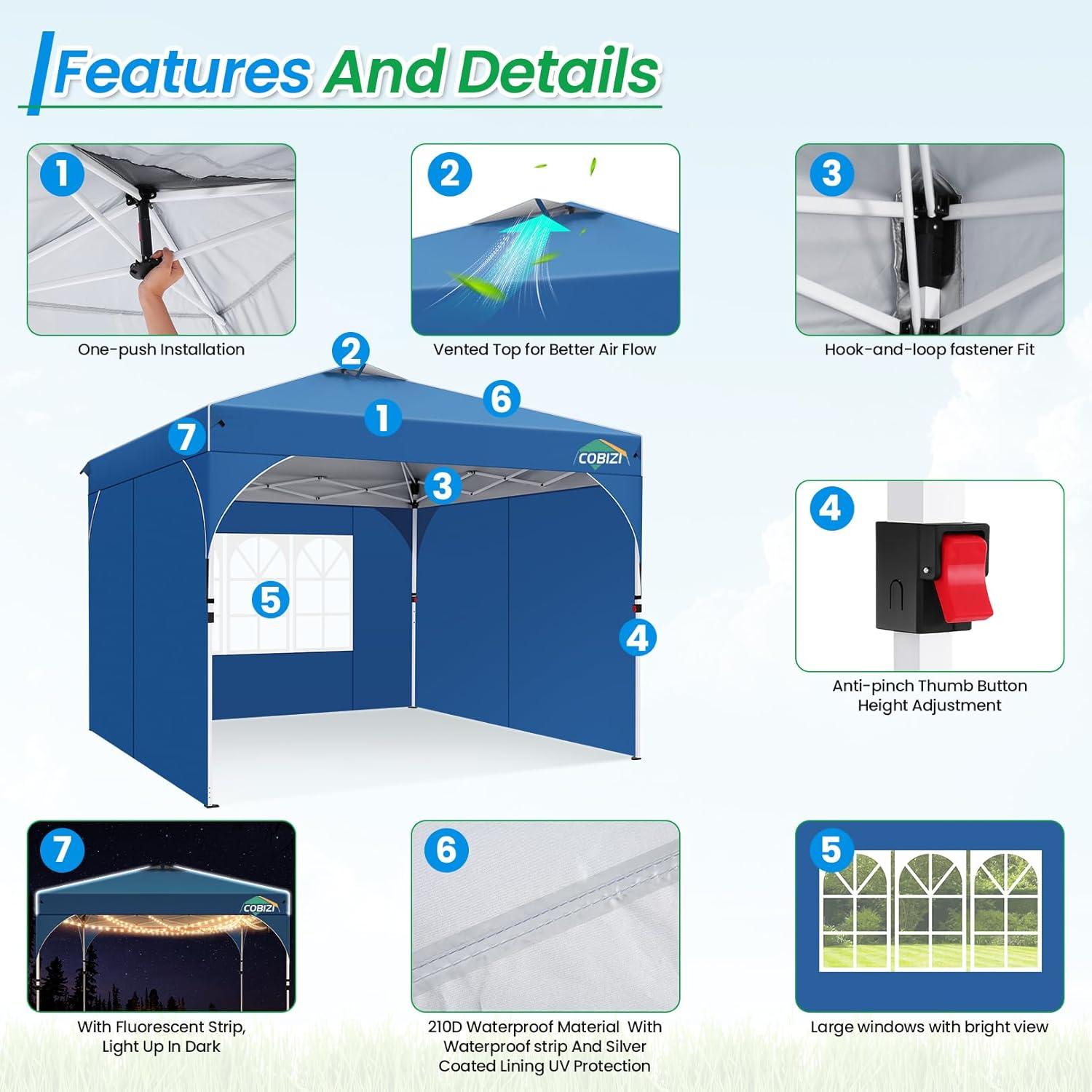 image:imageCOBIZI 10x30 Pop Up Heavy Duty Canopy with 8 Sidewalls and Hexagonal Legs Easy up Tent for Party Wedding and Commercial Outdoor Canopy with Roller Bag Sand Bags Waterproof amp UPF50 GrayBlue
