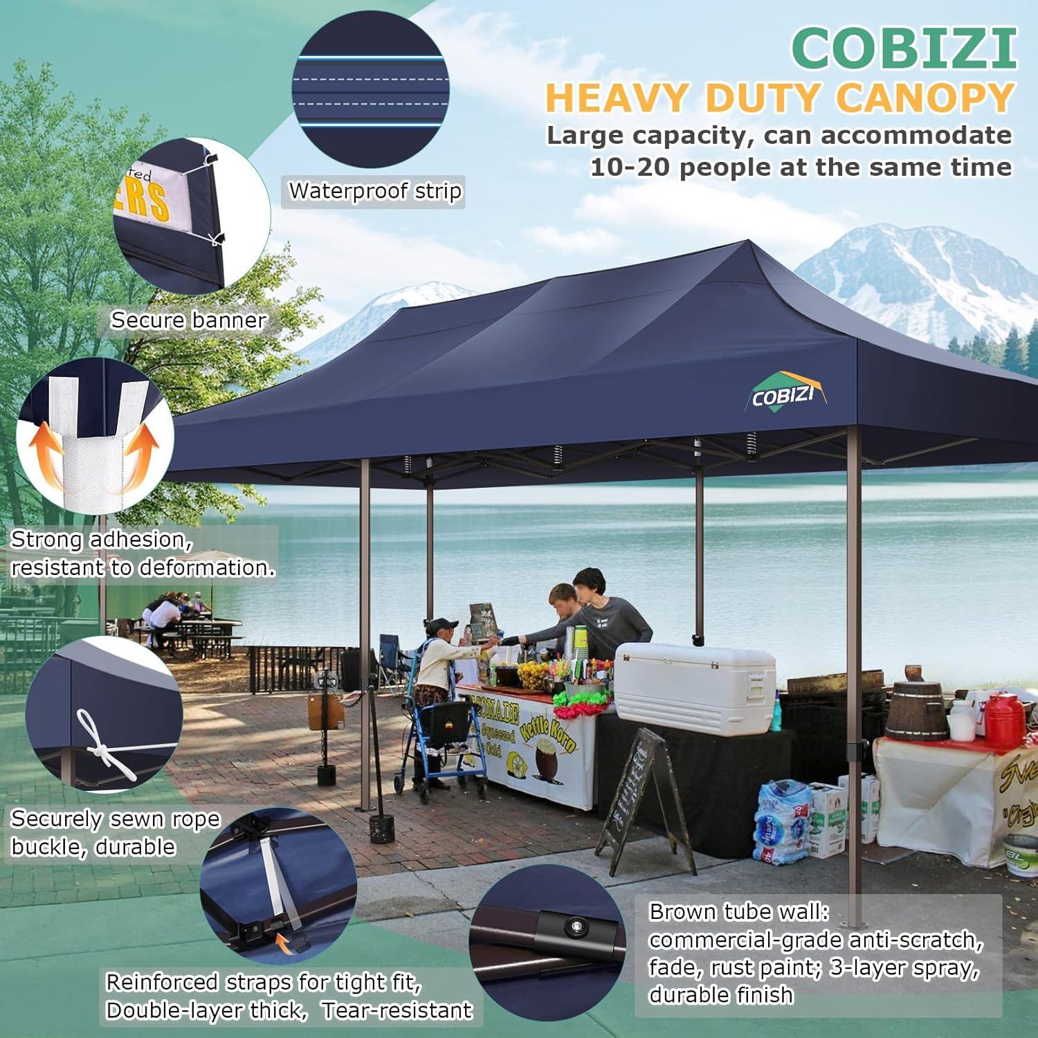 image:imageCOBIZI 10x30 Pop Up Heavy Duty Canopy with 8 Sidewalls and Hexagonal Legs Easy up Tent for Party Wedding and Commercial Outdoor Canopy with Roller Bag Sand Bags Waterproof amp UPF50 GrayDark Blue