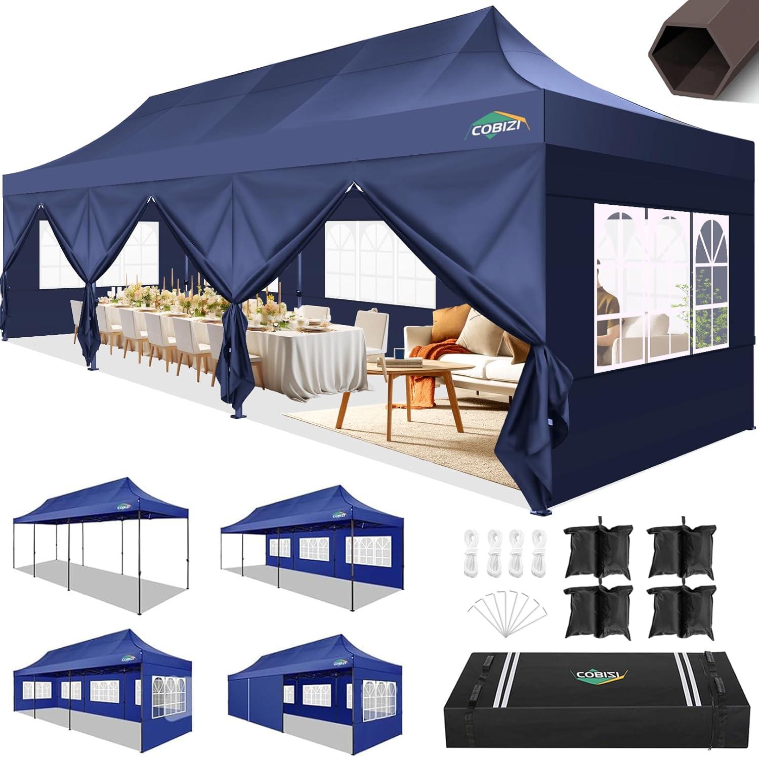 image:imageCOBIZI 10x30 Pop Up Heavy Duty Canopy with 8 Sidewalls and Hexagonal Legs Easy up Tent for Party Wedding and Commercial Outdoor Canopy with Roller Bag Sand Bags Waterproof amp UPF50 GrayDark Blue