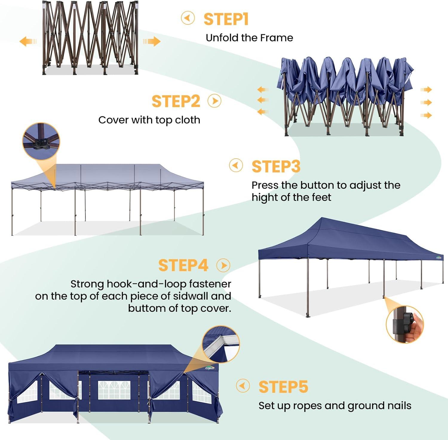 image:imageCOBIZI 10x30 Pop Up Heavy Duty Canopy with 8 Sidewalls and Hexagonal Legs Easy up Tent for Party Wedding and Commercial Outdoor Canopy with Roller Bag Sand Bags Waterproof amp UPF50 GrayDark Blue