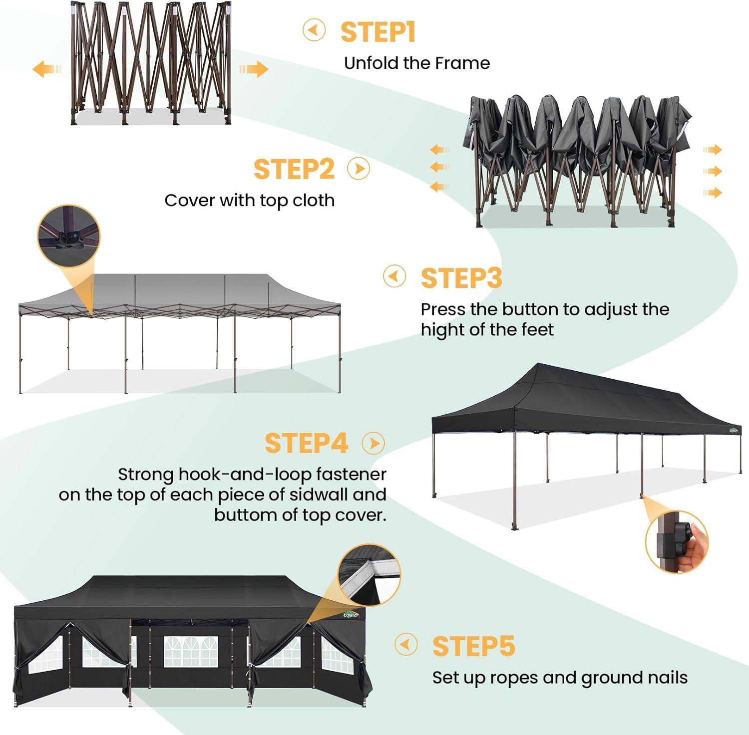 image:imageCOBIZI 10x30 Pop Up Heavy Duty Canopy with 8 Sidewalls and Hexagonal Legs Easy up Tent for Party Wedding and Commercial Outdoor Canopy with Roller Bag Sand Bags Waterproof amp UPF50 GrayBlack