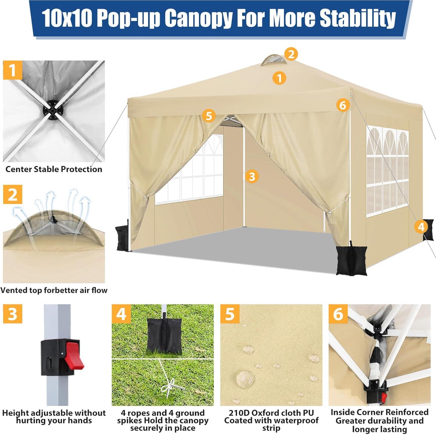 image:imageCOBIZI Canopy 10x10 Pop Up Canopy Tent with 4 Sidewalls One Push Party Tents for Parties Outdoor Wedding Waterproof Gazebo Commercial Event Tent with Sandbags WhiteKhaki