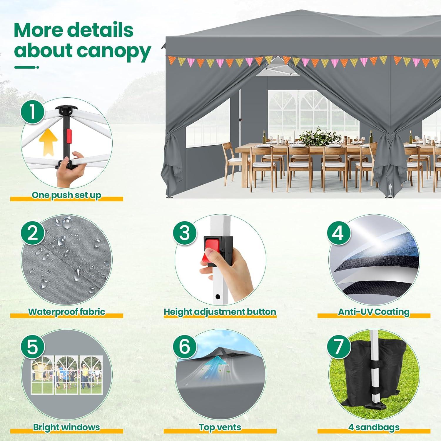 image:imageCOBIZI Canopy 10x10 Pop Up Canopy Tent with 4 Sidewalls One Push Party Tents for Parties Outdoor Wedding Waterproof Gazebo Commercial Event Tent with Sandbags WhiteGrey1 year warranty