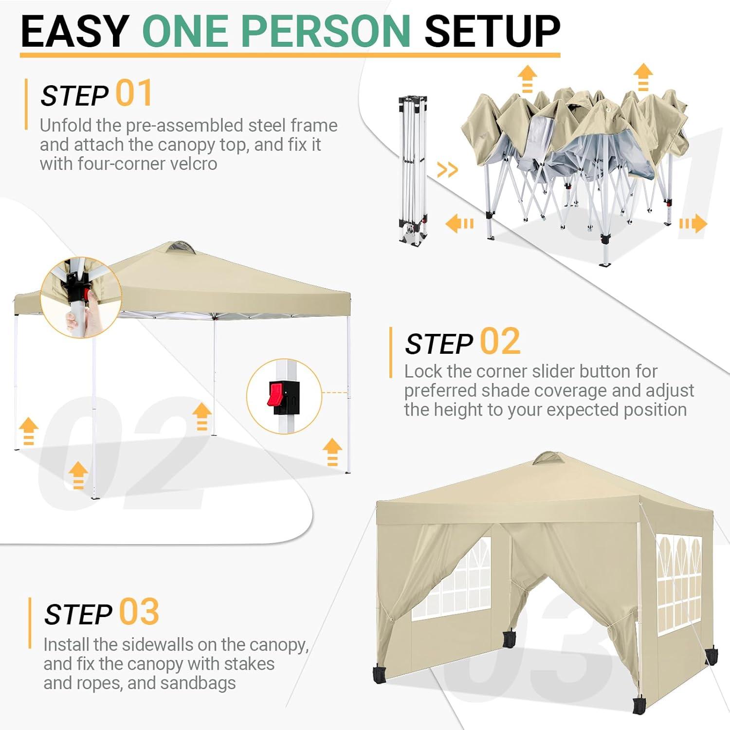 image:imageCOBIZI Canopy 10x10 Pop Up Canopy Tent with 4 Sidewalls One Push Party Tents for Parties Outdoor Wedding Waterproof Gazebo Commercial Event Tent with Sandbags WhiteKhaki