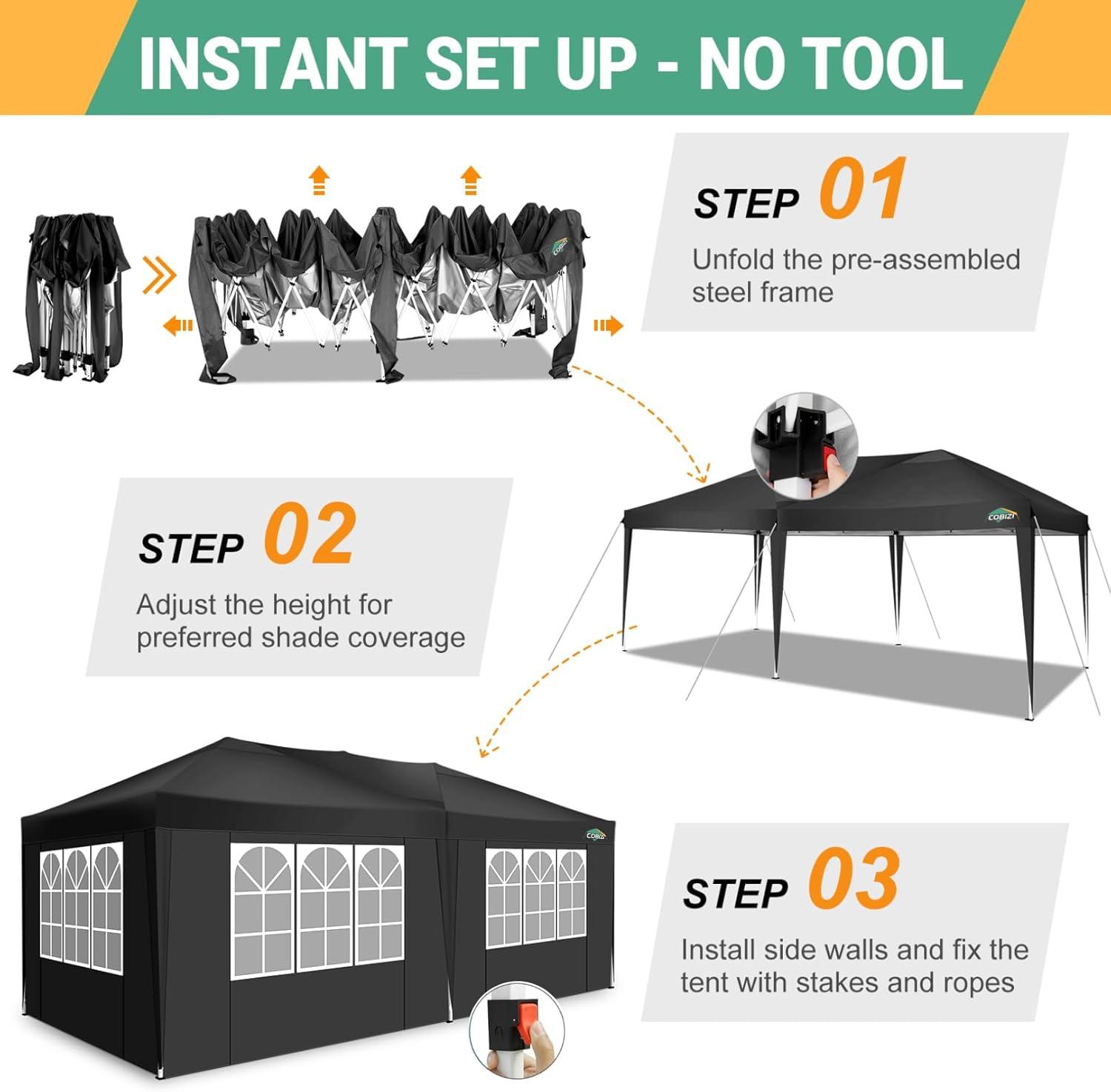 image:imageCOBIZI Canopy 10x20 Pop Up Canopy Tent with 6 Sidewalls Easy Pop Up Tent 10x20 Waterproof Commercial Instant Shelter UPF 50 Portable Gazebo Wedding Tents for Parties Carport Vender EventsBlack