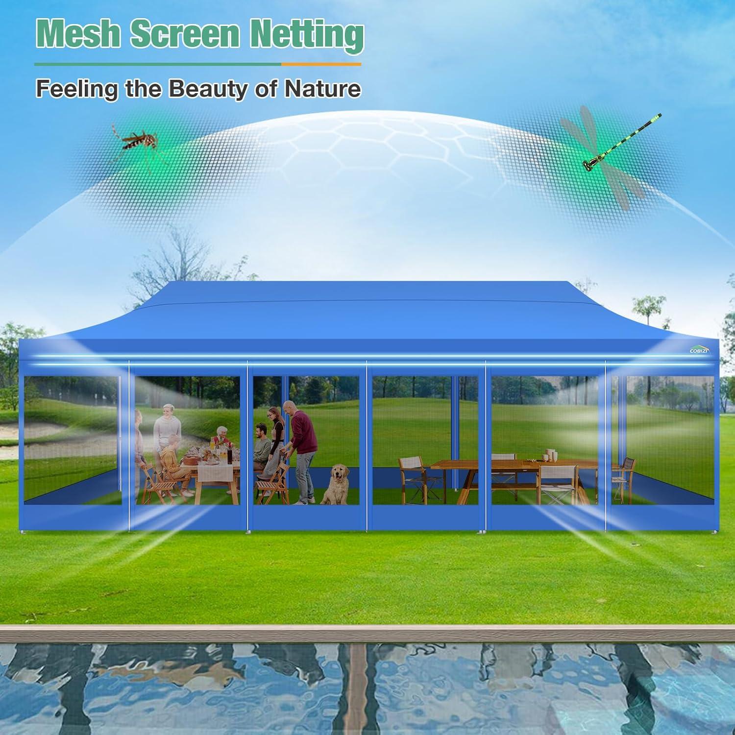 image:imageCOBIZI Canopy Tent 10x10 Heavy Duty Pop Up Gazebo with Netting ScreenedWaterproof Ez up Canopy with Sidewalls Outdoor Instant Screen House Tent for CampingBackyard Wedding BirthdayBlackBlue