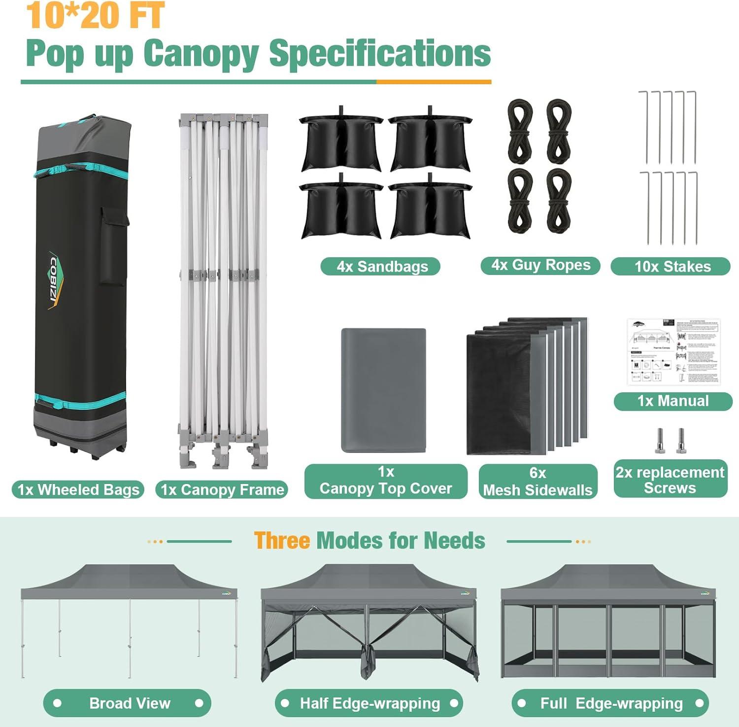 image:imageCOBIZI Canopy Tent 10x10 Heavy Duty Pop Up Gazebo with Netting ScreenedWaterproof Ez up Canopy with Sidewalls Outdoor Instant Screen House Tent for CampingBackyard Wedding BirthdayBlackGray