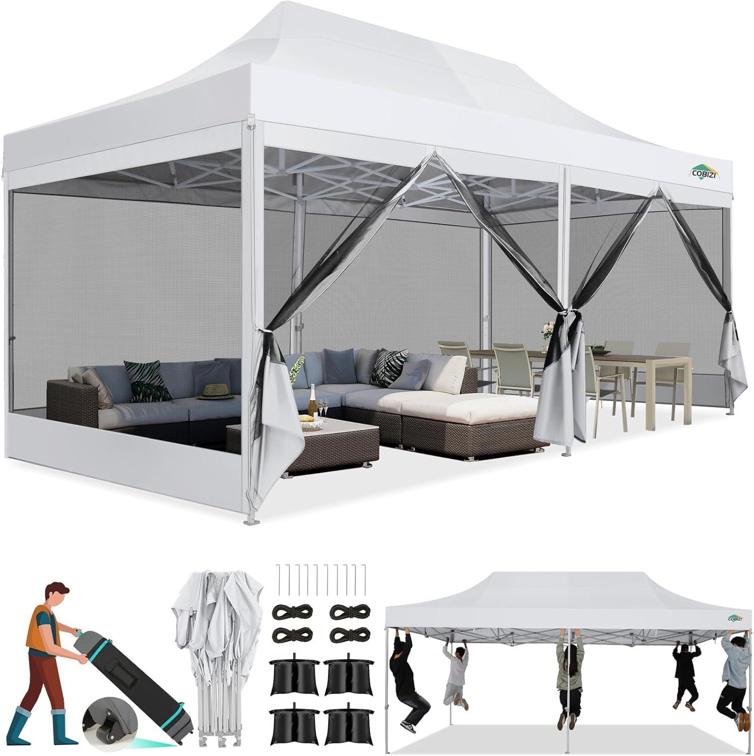 image:imageCOBIZI Canopy Tent 10x10 Heavy Duty Pop Up Gazebo with Netting ScreenedWaterproof Ez up Canopy with Sidewalls Outdoor Instant Screen House Tent for CampingBackyard Wedding BirthdayBlackWhite