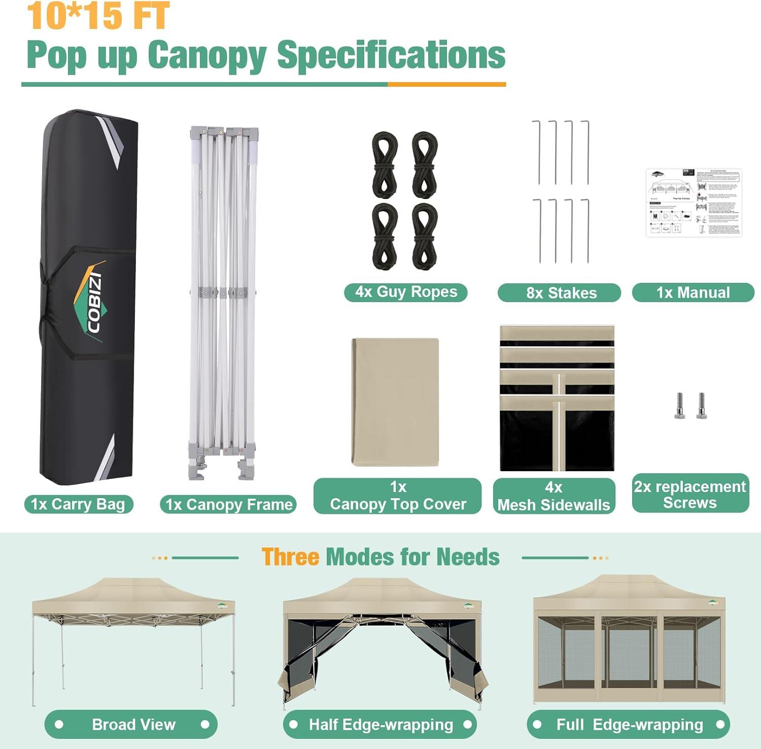 image:imageCOBIZI Canopy Tent 10x10 Heavy Duty Pop Up Gazebo with Netting ScreenedWaterproof Ez up Canopy with Sidewalls Outdoor Instant Screen House Tent for CampingBackyard Wedding BirthdayBlackKhaki