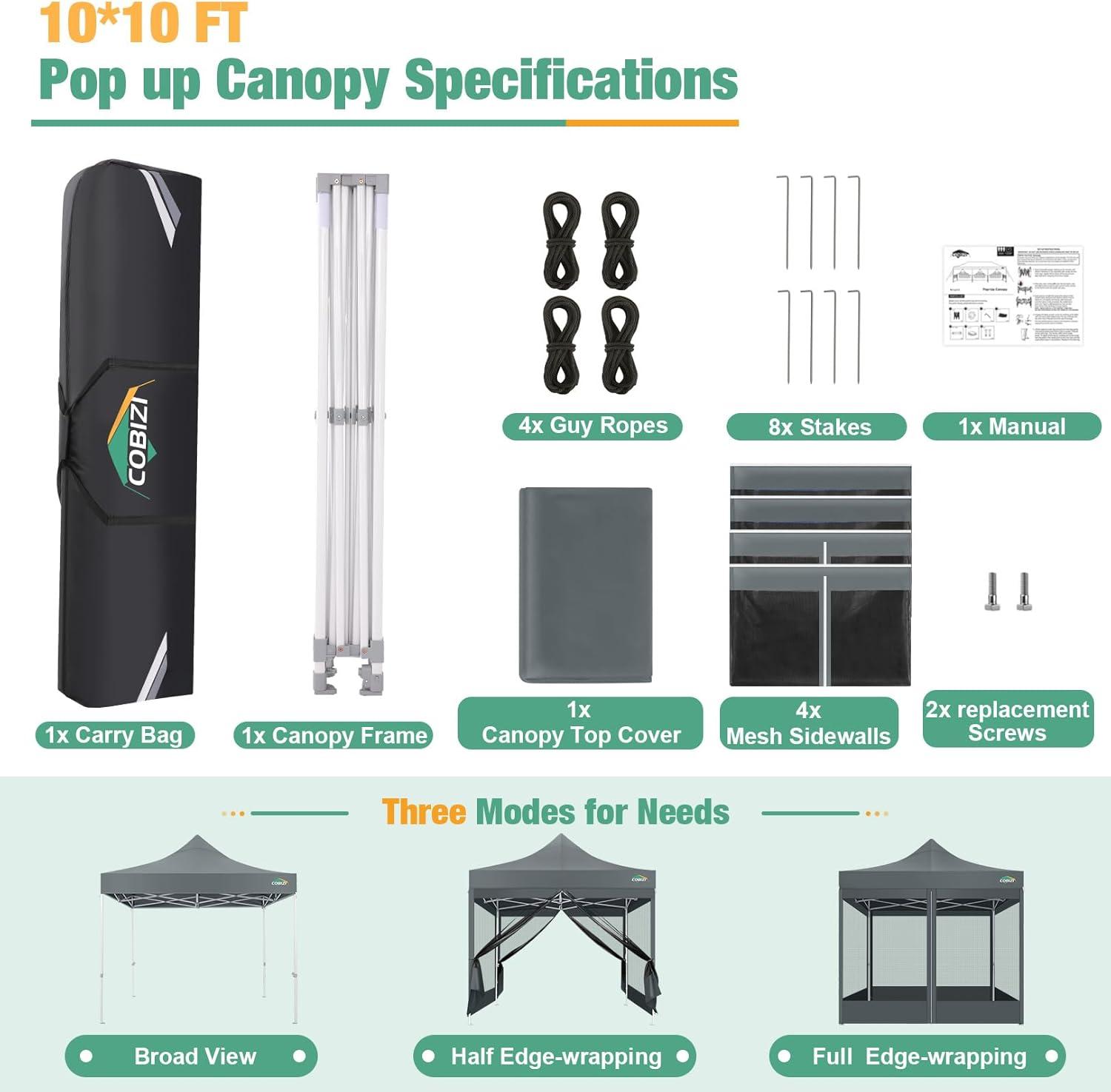 image:imageCOBIZI Canopy Tent 10x10 Heavy Duty Pop Up Gazebo with Netting ScreenedWaterproof Ez up Canopy with Sidewalls Outdoor Instant Screen House Tent for CampingBackyard Wedding BirthdayBlackGray