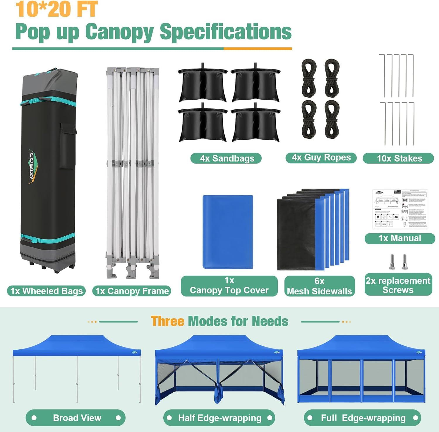 image:imageCOBIZI Canopy Tent 10x10 Heavy Duty Pop Up Gazebo with Netting ScreenedWaterproof Ez up Canopy with Sidewalls Outdoor Instant Screen House Tent for CampingBackyard Wedding BirthdayBlackBlue