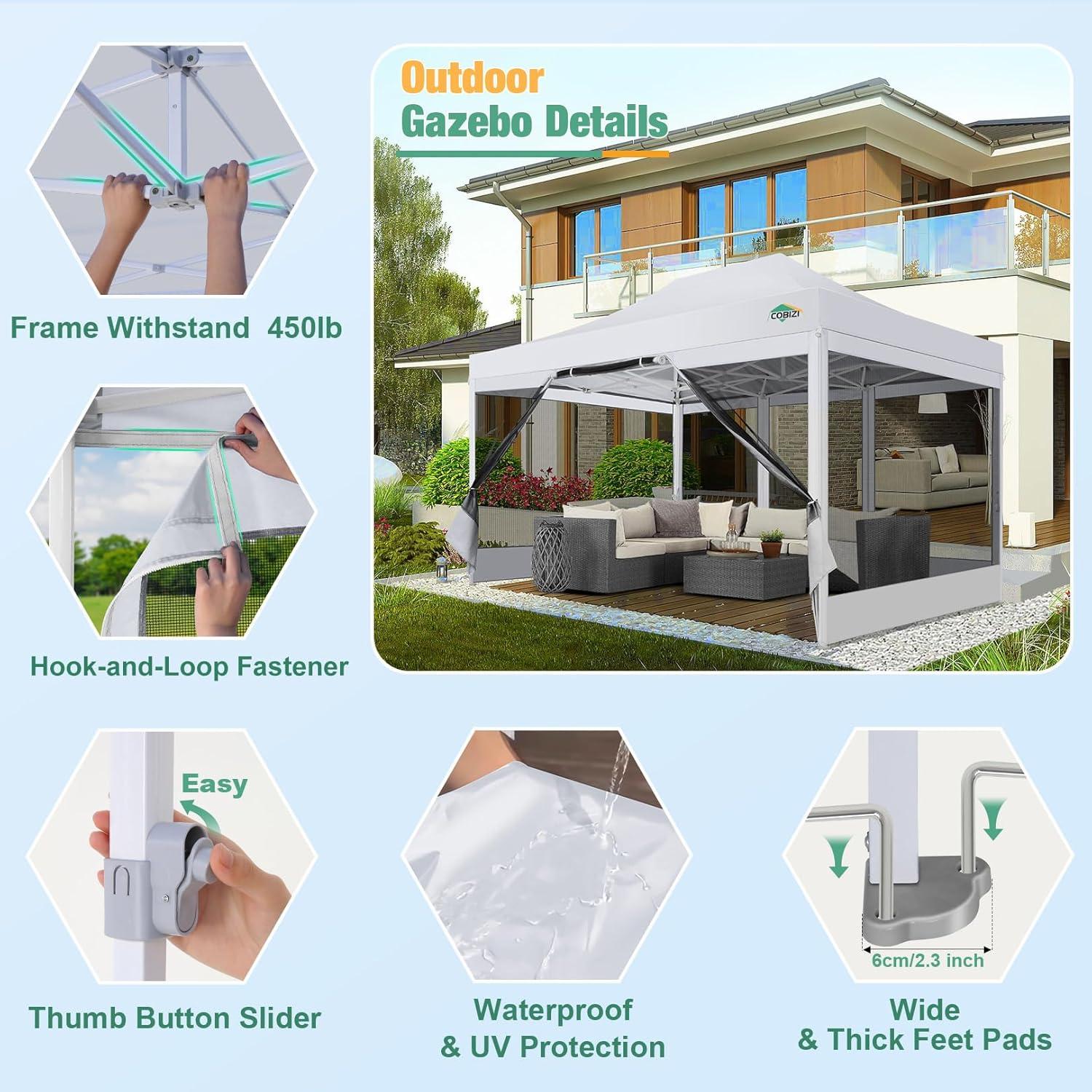 image:imageCOBIZI Canopy Tent 10x10 Heavy Duty Pop Up Gazebo with Netting ScreenedWaterproof Ez up Canopy with Sidewalls Outdoor Instant Screen House Tent for CampingBackyard Wedding BirthdayBlackWhite