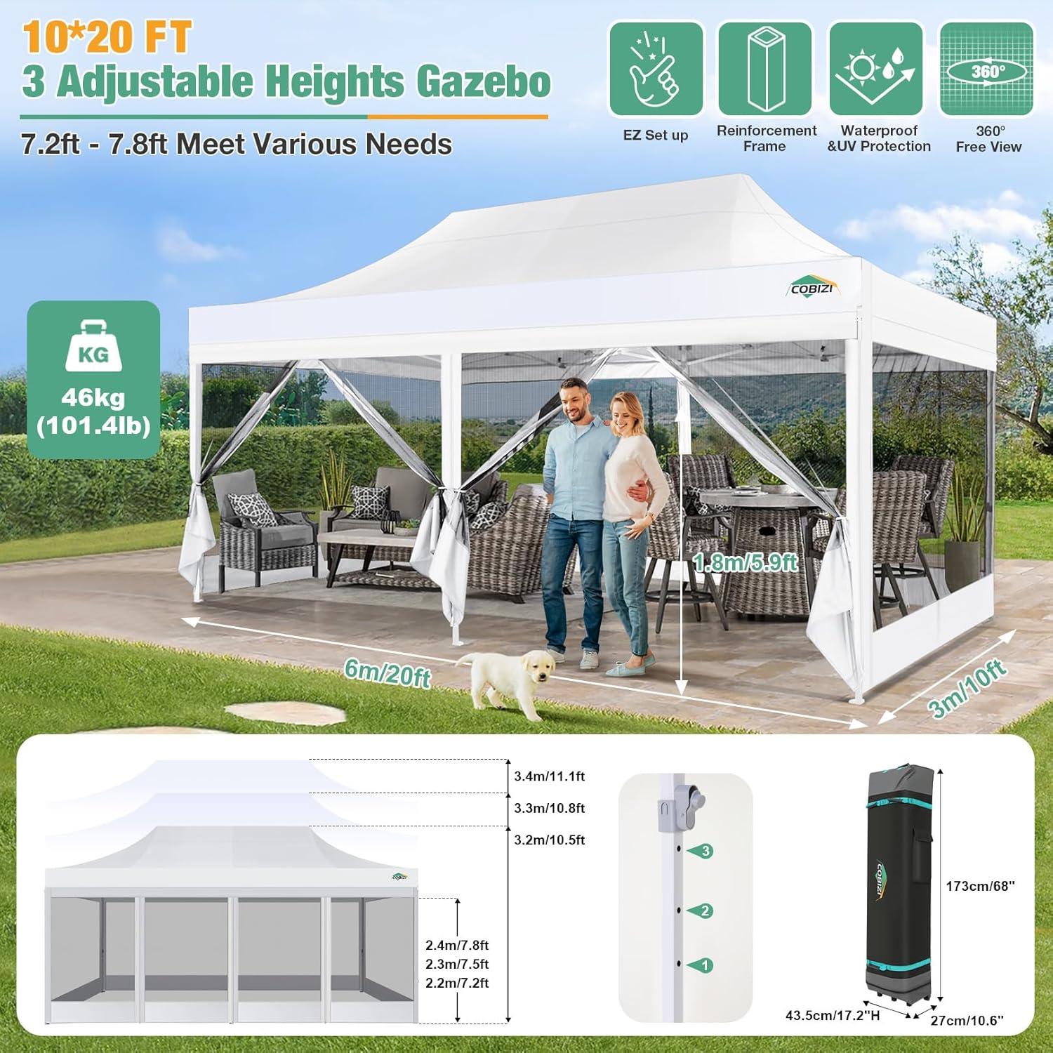 image:imageCOBIZI Canopy Tent 10x10 Heavy Duty Pop Up Gazebo with Netting ScreenedWaterproof Ez up Canopy with Sidewalls Outdoor Instant Screen House Tent for CampingBackyard Wedding BirthdayBlackWhite