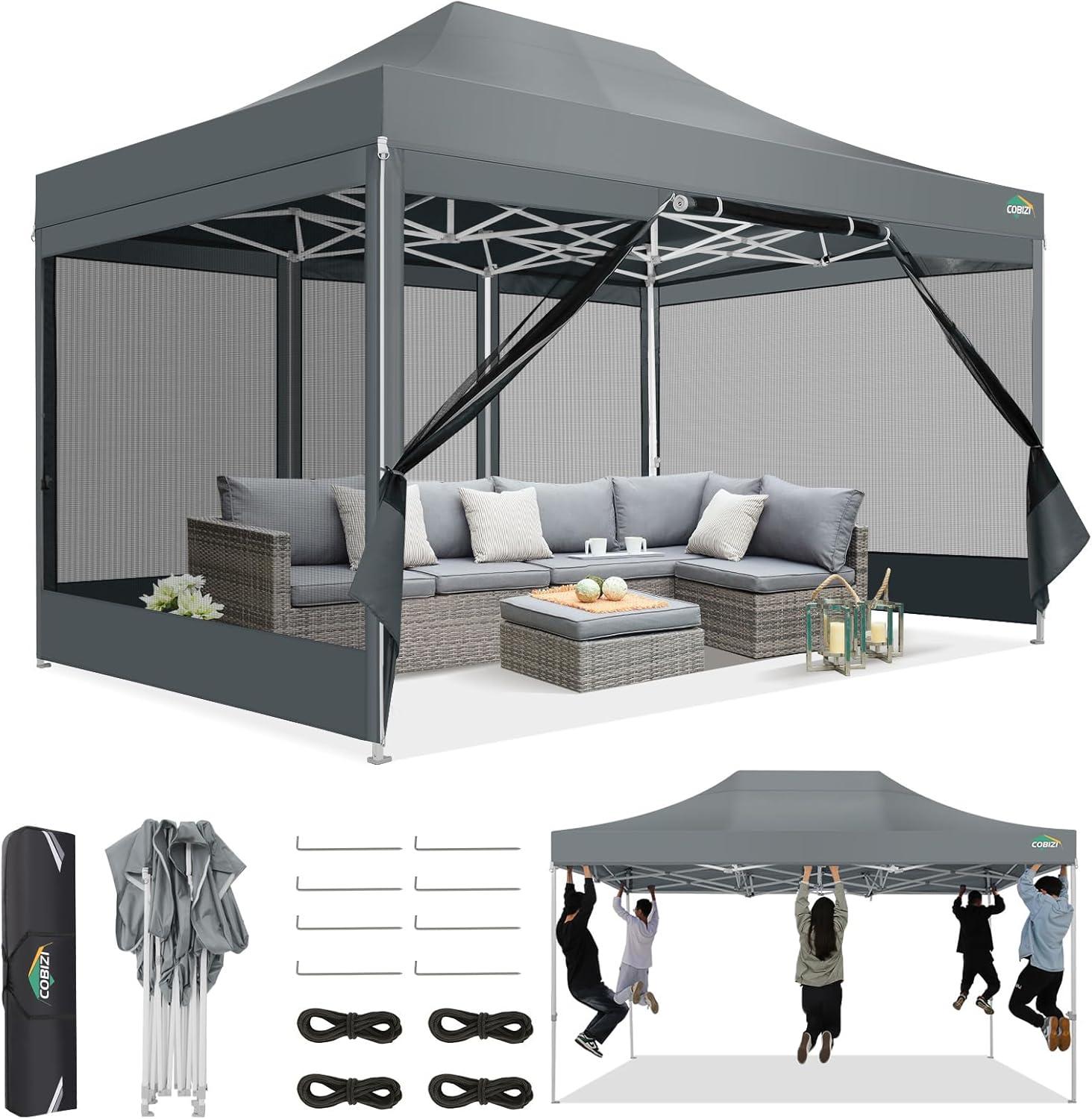 image:imageCOBIZI Canopy Tent 10x10 Heavy Duty Pop Up Gazebo with Netting ScreenedWaterproof Ez up Canopy with Sidewalls Outdoor Instant Screen House Tent for CampingBackyard Wedding BirthdayBlackGray