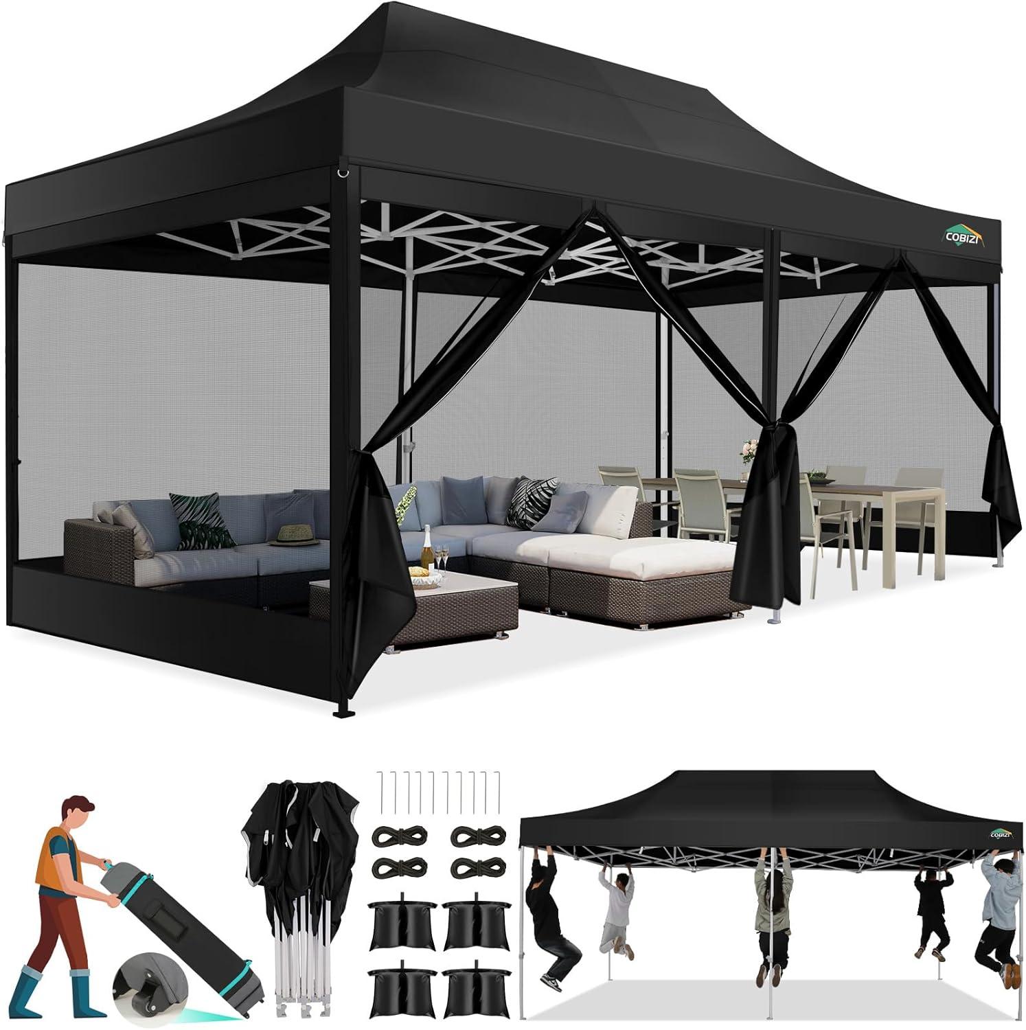 image:imageCOBIZI Canopy Tent 10x10 Heavy Duty Pop Up Gazebo with Netting ScreenedWaterproof Ez up Canopy with Sidewalls Outdoor Instant Screen House Tent for CampingBackyard Wedding BirthdayBlackBlack