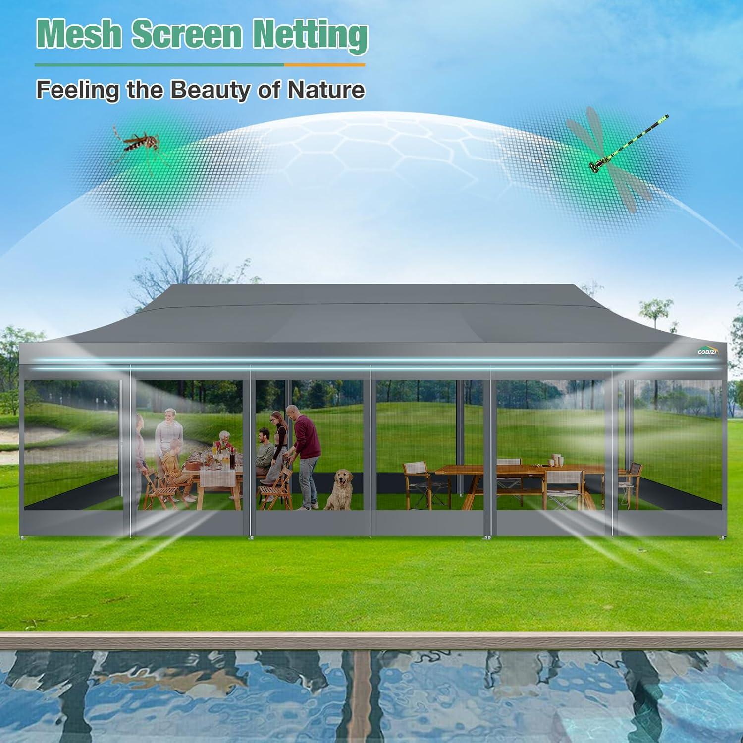 image:imageCOBIZI Canopy Tent 10x10 Heavy Duty Pop Up Gazebo with Netting ScreenedWaterproof Ez up Canopy with Sidewalls Outdoor Instant Screen House Tent for CampingBackyard Wedding BirthdayBlackGray