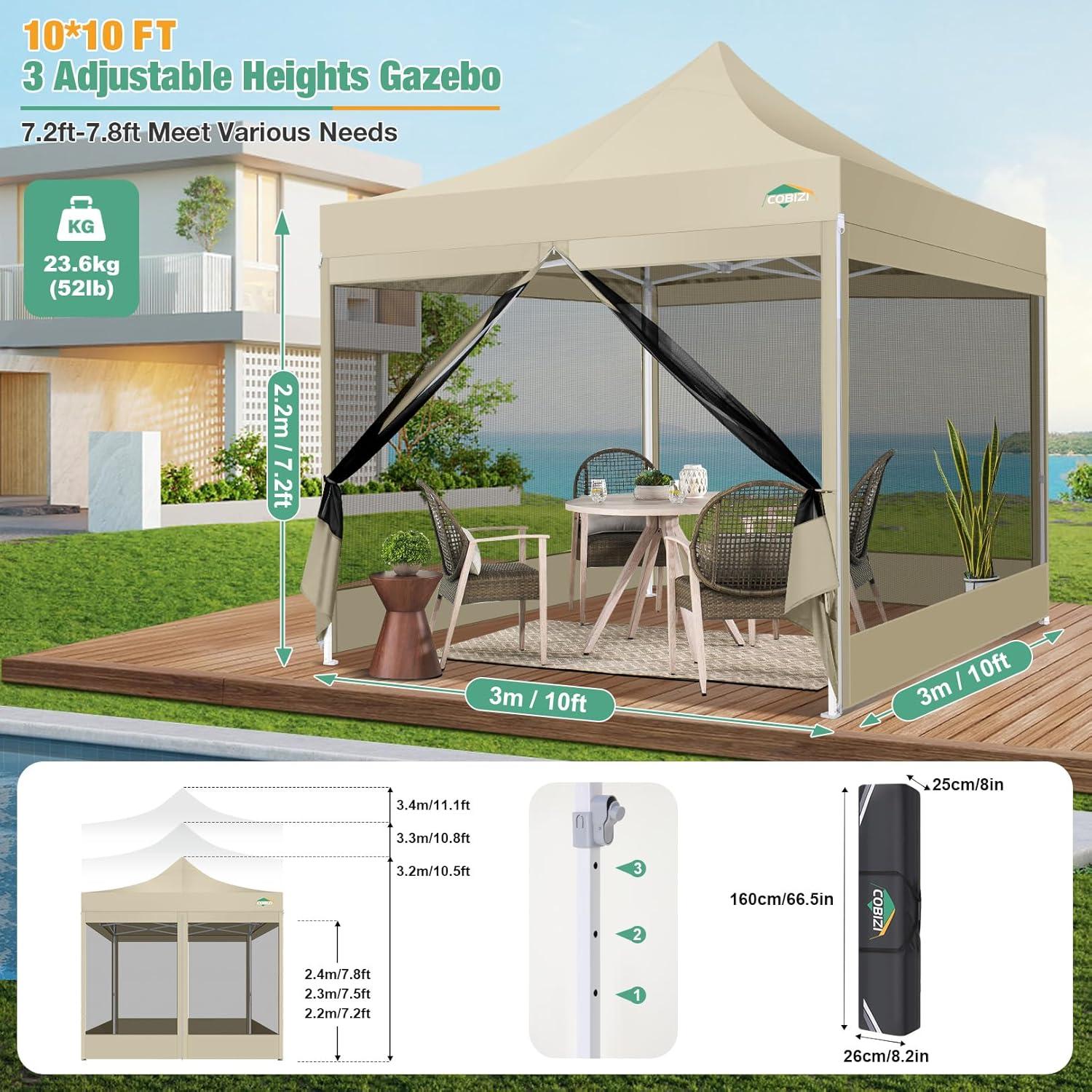 image:imageCOBIZI Canopy Tent 10x10 Heavy Duty Pop Up Gazebo with Netting ScreenedWaterproof Ez up Canopy with Sidewalls Outdoor Instant Screen House Tent for CampingBackyard Wedding BirthdayBlackKhaki