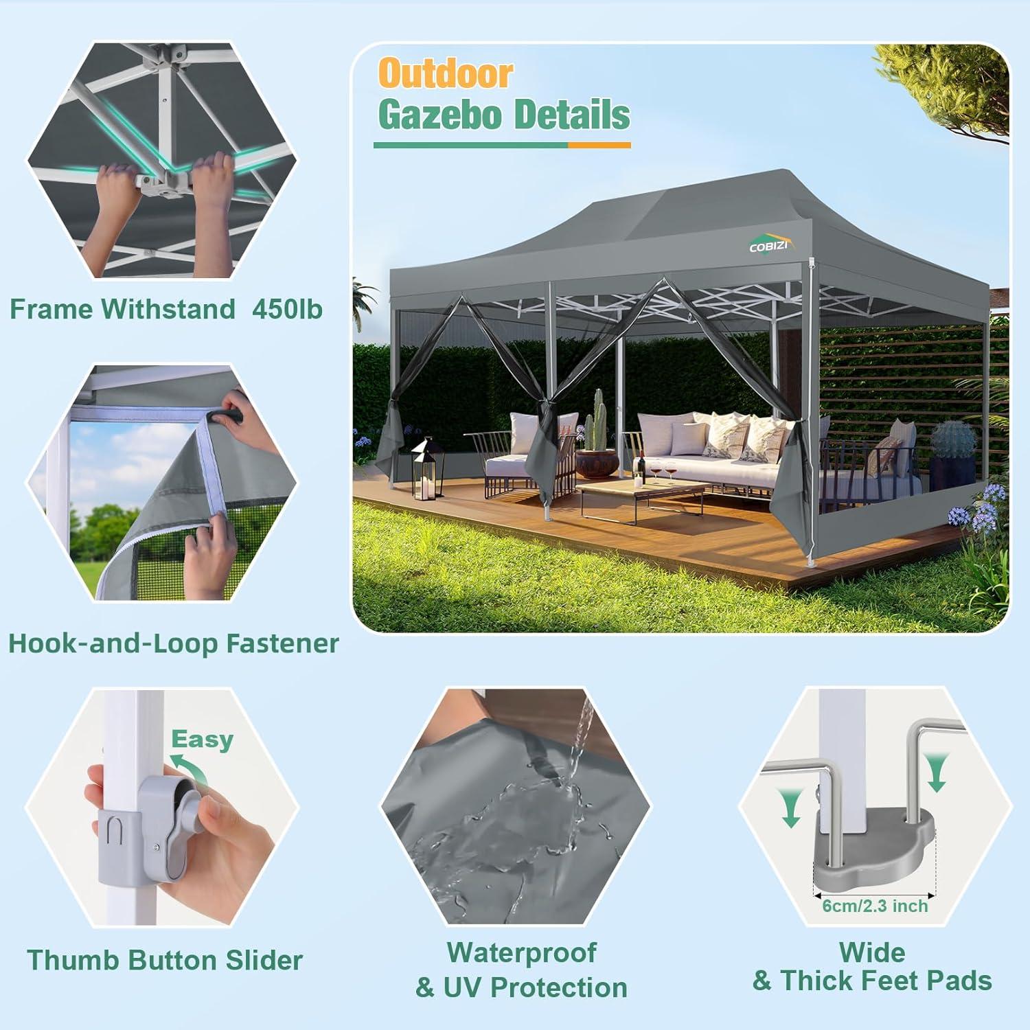 image:imageCOBIZI Canopy Tent 10x10 Heavy Duty Pop Up Gazebo with Netting ScreenedWaterproof Ez up Canopy with Sidewalls Outdoor Instant Screen House Tent for CampingBackyard Wedding BirthdayBlackGray