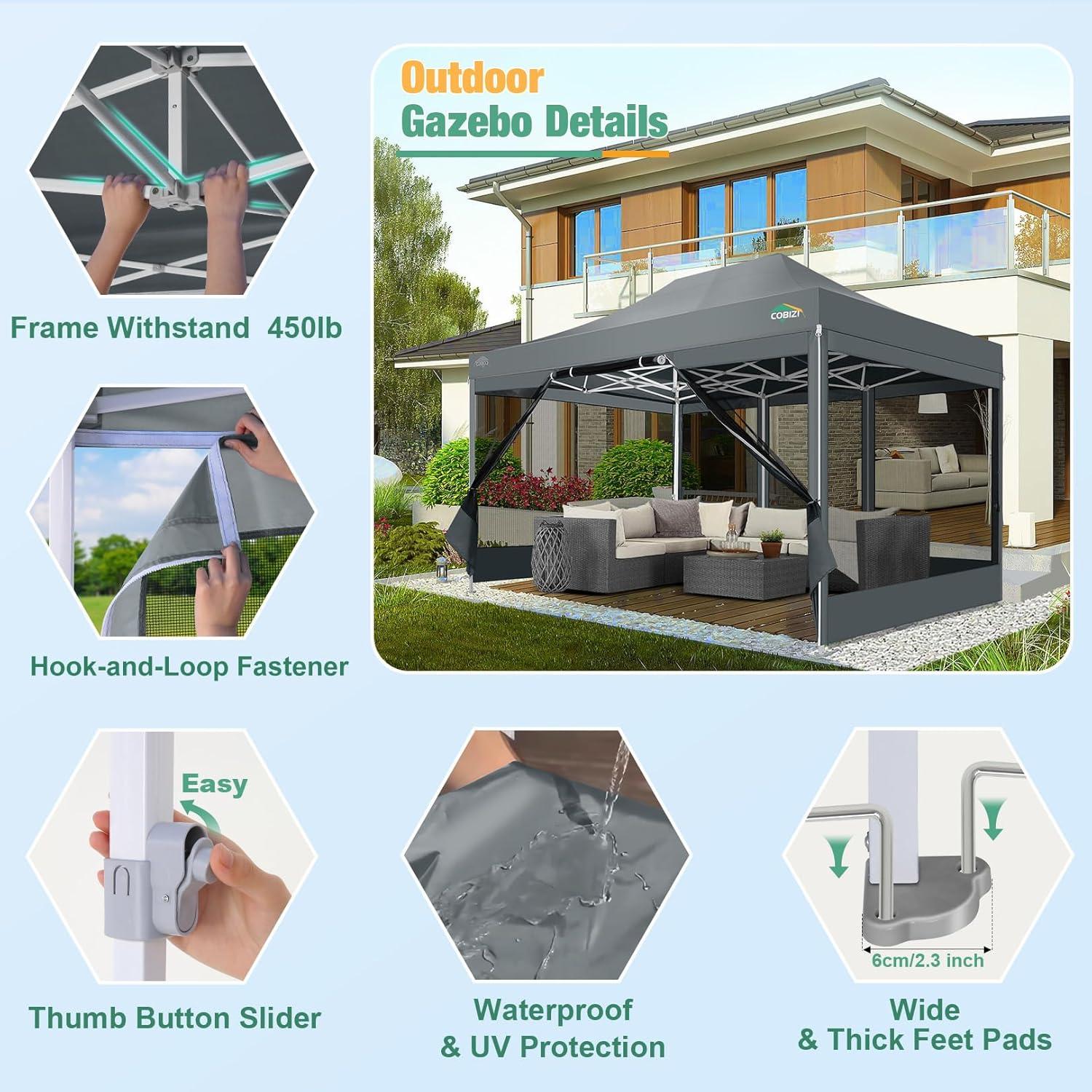 image:imageCOBIZI Canopy Tent 10x10 Heavy Duty Pop Up Gazebo with Netting ScreenedWaterproof Ez up Canopy with Sidewalls Outdoor Instant Screen House Tent for CampingBackyard Wedding BirthdayBlackGray