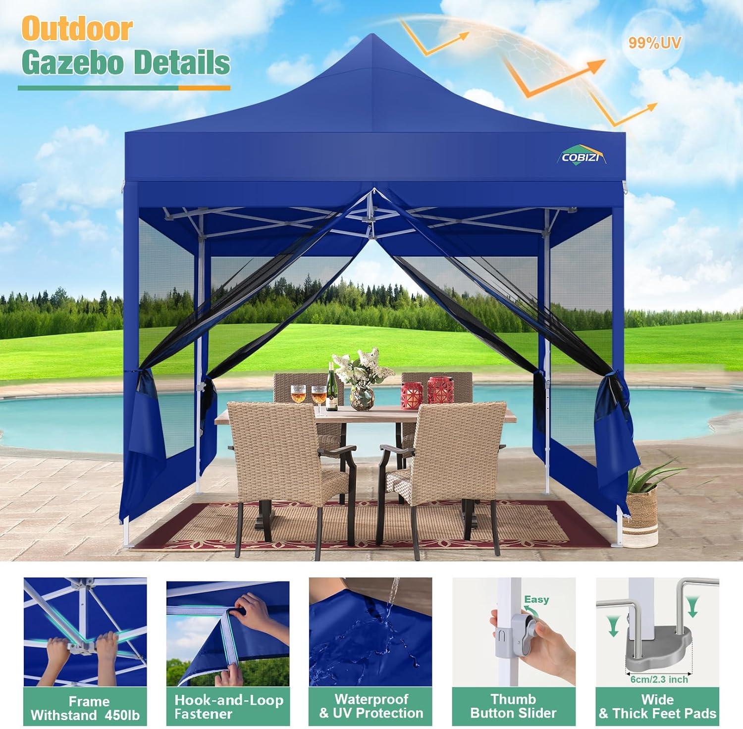 image:imageCOBIZI Canopy Tent 10x10 Heavy Duty Pop Up Gazebo with Netting ScreenedWaterproof Ez up Canopy with Sidewalls Outdoor Instant Screen House Tent for CampingBackyard Wedding BirthdayBlackDark Blue