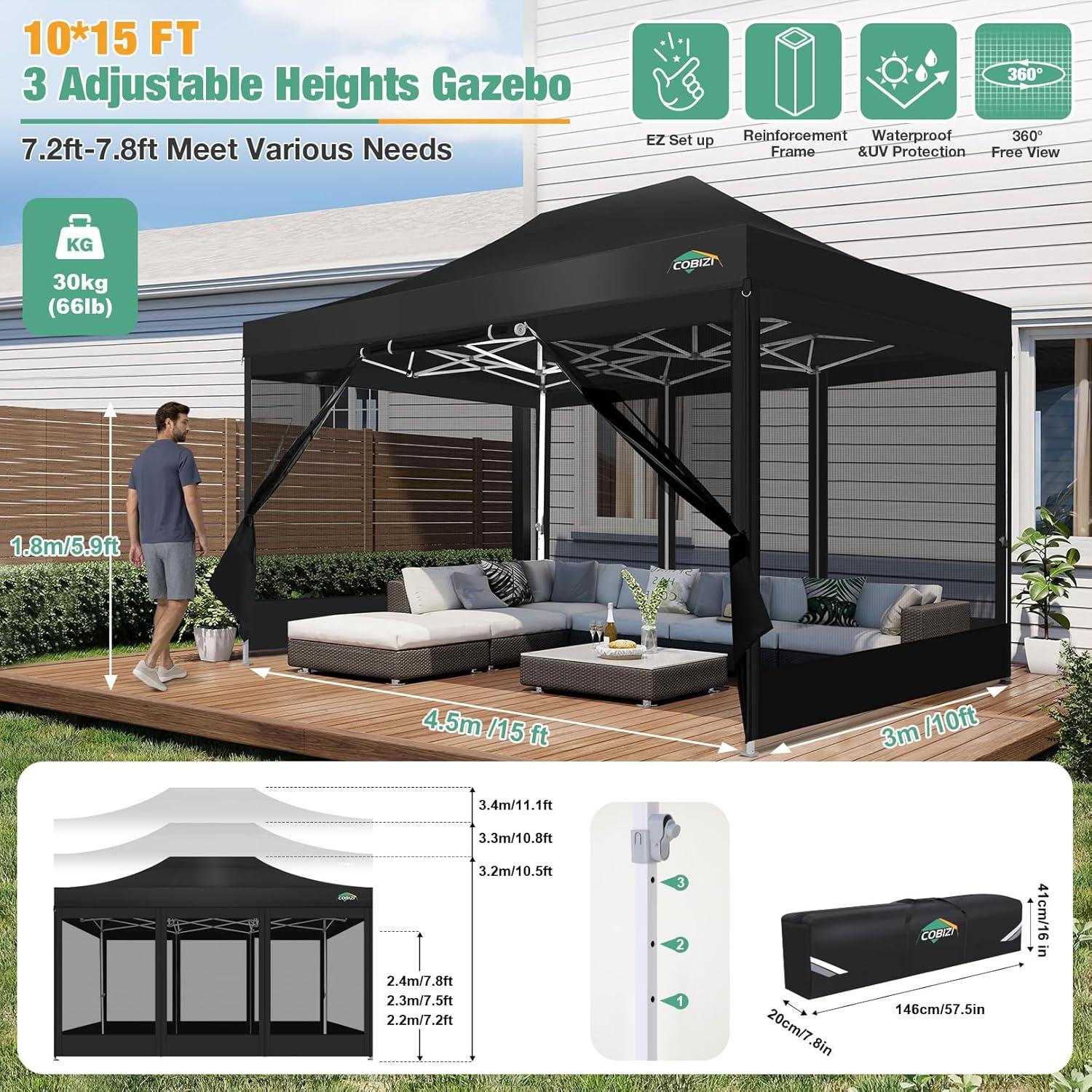 image:imageCOBIZI Canopy Tent 10x10 Heavy Duty Pop Up Gazebo with Netting ScreenedWaterproof Ez up Canopy with Sidewalls Outdoor Instant Screen House Tent for CampingBackyard Wedding BirthdayBlackBlack