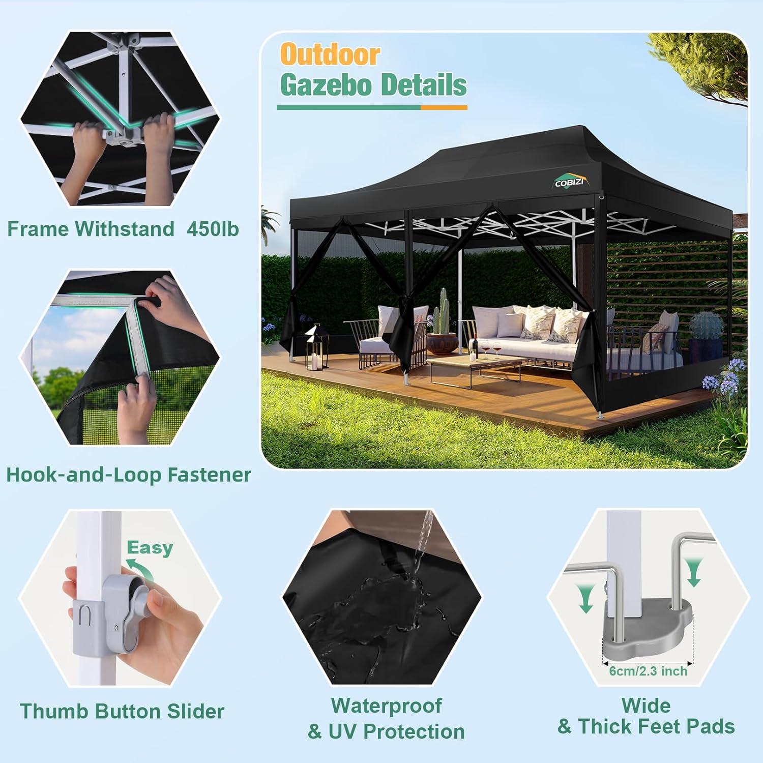 image:imageCOBIZI Canopy Tent 10x10 Heavy Duty Pop Up Gazebo with Netting ScreenedWaterproof Ez up Canopy with Sidewalls Outdoor Instant Screen House Tent for CampingBackyard Wedding BirthdayBlackBlack