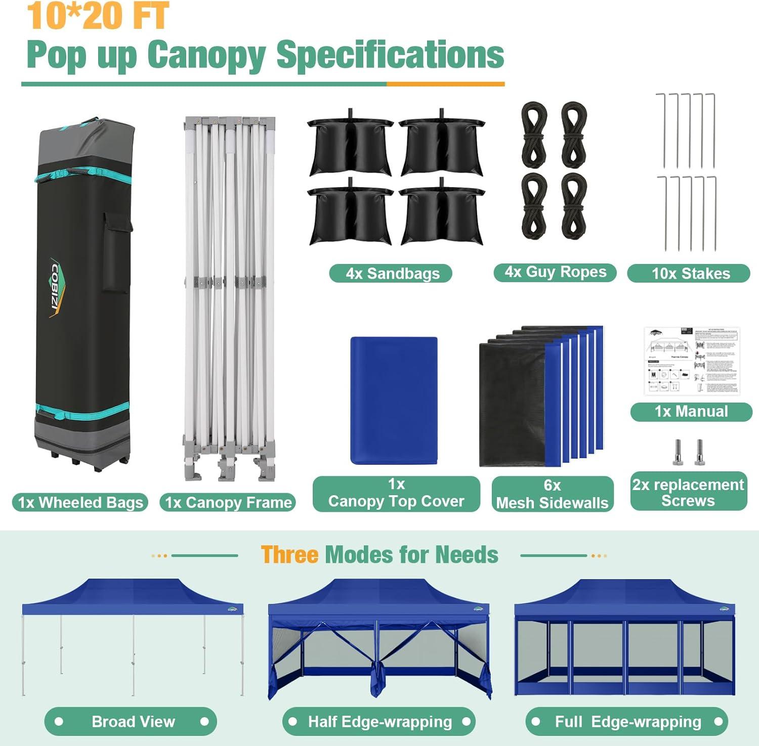 image:imageCOBIZI Canopy Tent 10x10 Heavy Duty Pop Up Gazebo with Netting ScreenedWaterproof Ez up Canopy with Sidewalls Outdoor Instant Screen House Tent for CampingBackyard Wedding BirthdayBlackDark Blue