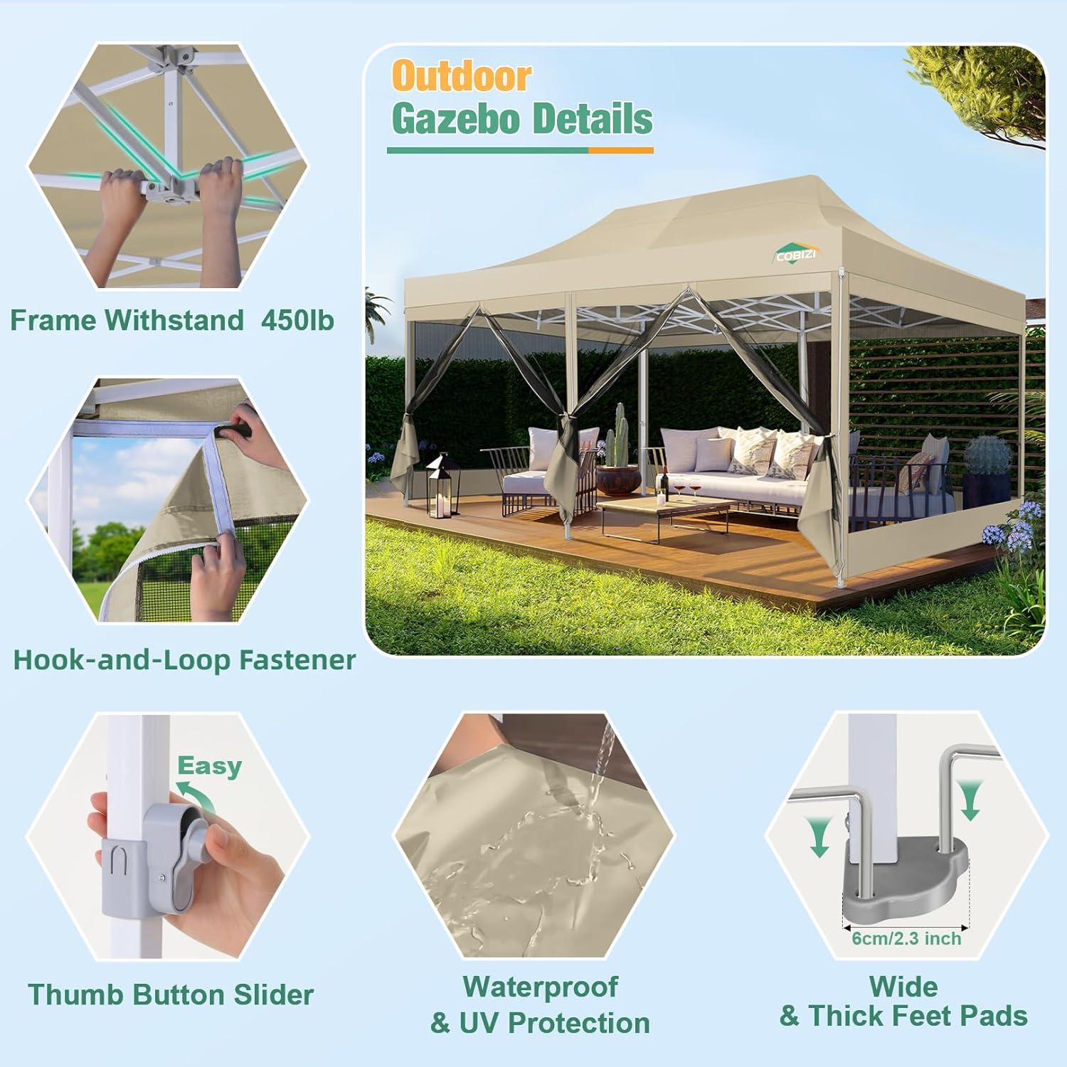 image:imageCOBIZI Canopy Tent 10x10 Heavy Duty Pop Up Gazebo with Netting ScreenedWaterproof Ez up Canopy with Sidewalls Outdoor Instant Screen House Tent for CampingBackyard Wedding BirthdayBlackKhaki