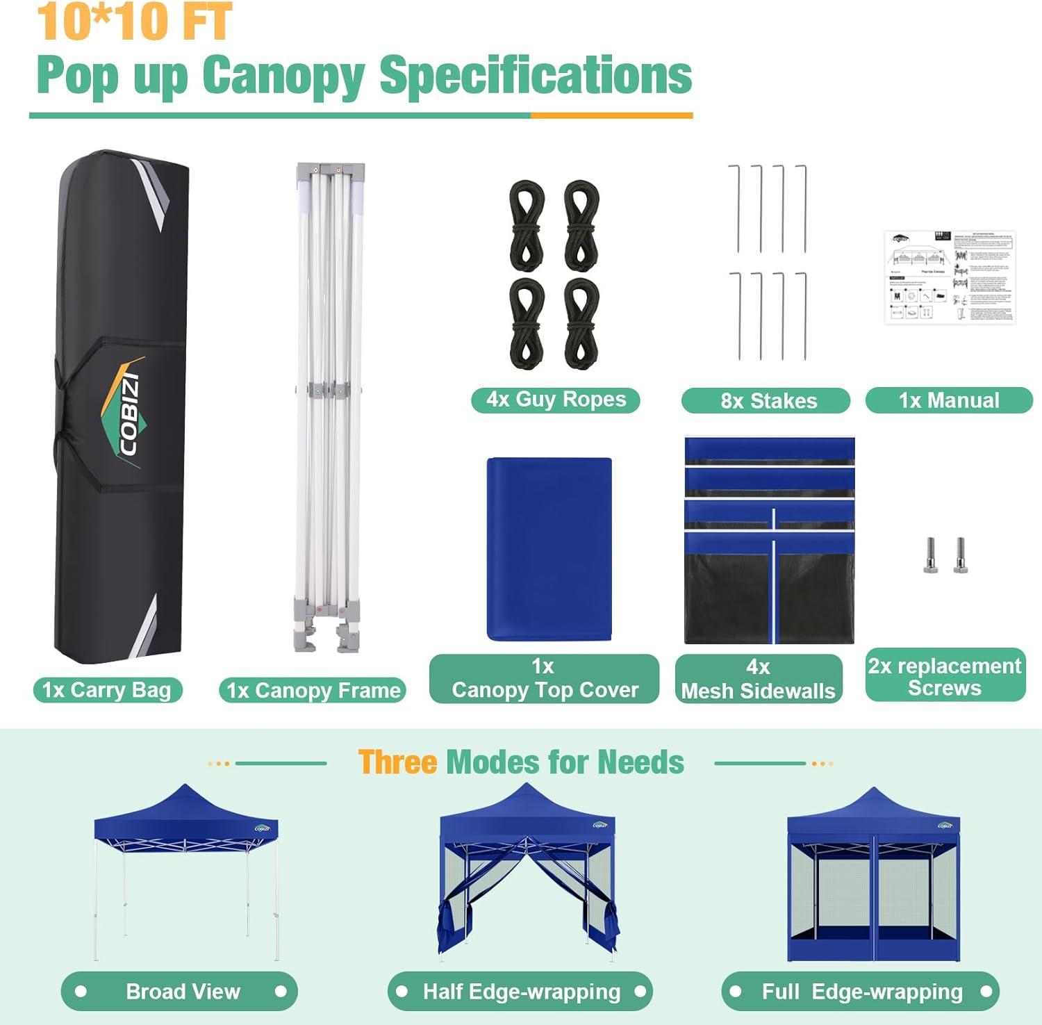image:imageCOBIZI Canopy Tent 10x10 Heavy Duty Pop Up Gazebo with Netting ScreenedWaterproof Ez up Canopy with Sidewalls Outdoor Instant Screen House Tent for CampingBackyard Wedding BirthdayBlackDark Blue