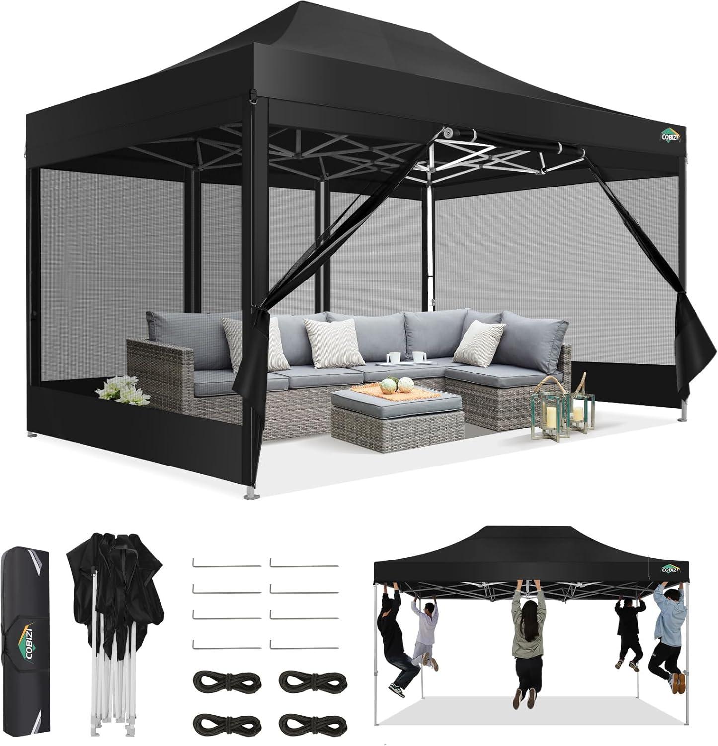 image:imageCOBIZI Canopy Tent 10x10 Heavy Duty Pop Up Gazebo with Netting ScreenedWaterproof Ez up Canopy with Sidewalls Outdoor Instant Screen House Tent for CampingBackyard Wedding BirthdayBlackBlack
