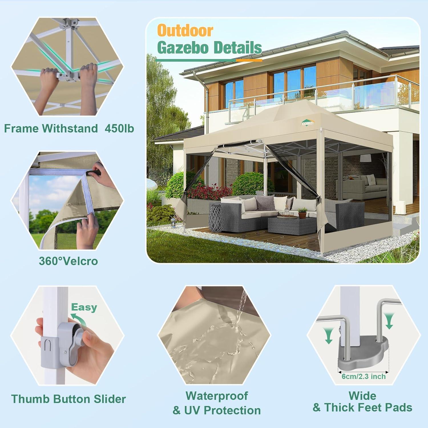 image:imageCOBIZI Canopy Tent 10x10 Heavy Duty Pop Up Gazebo with Netting ScreenedWaterproof Ez up Canopy with Sidewalls Outdoor Instant Screen House Tent for CampingBackyard Wedding BirthdayBlackKhaki