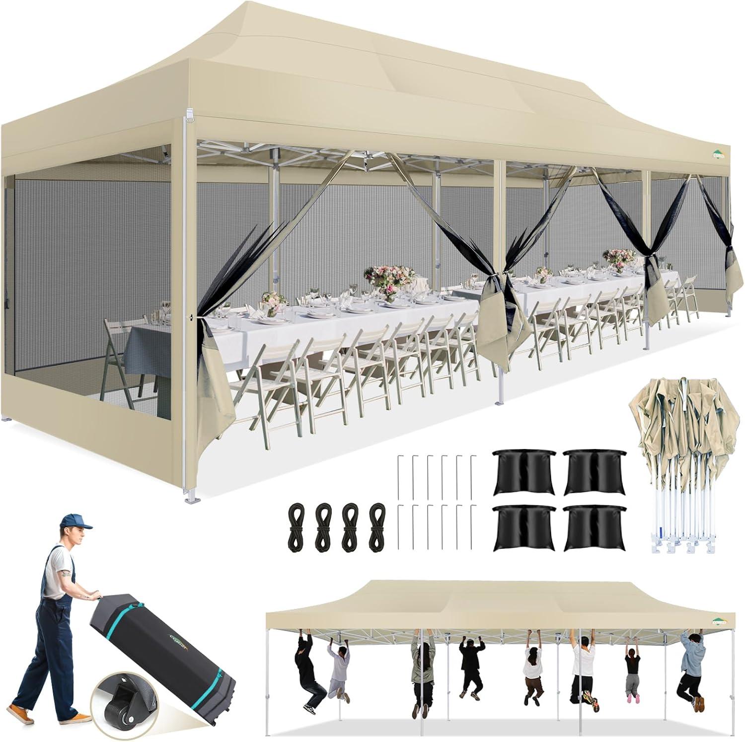 image:imageCOBIZI Canopy Tent 10x10 Heavy Duty Pop Up Gazebo with Netting ScreenedWaterproof Ez up Canopy with Sidewalls Outdoor Instant Screen House Tent for CampingBackyard Wedding BirthdayBlackKhaki