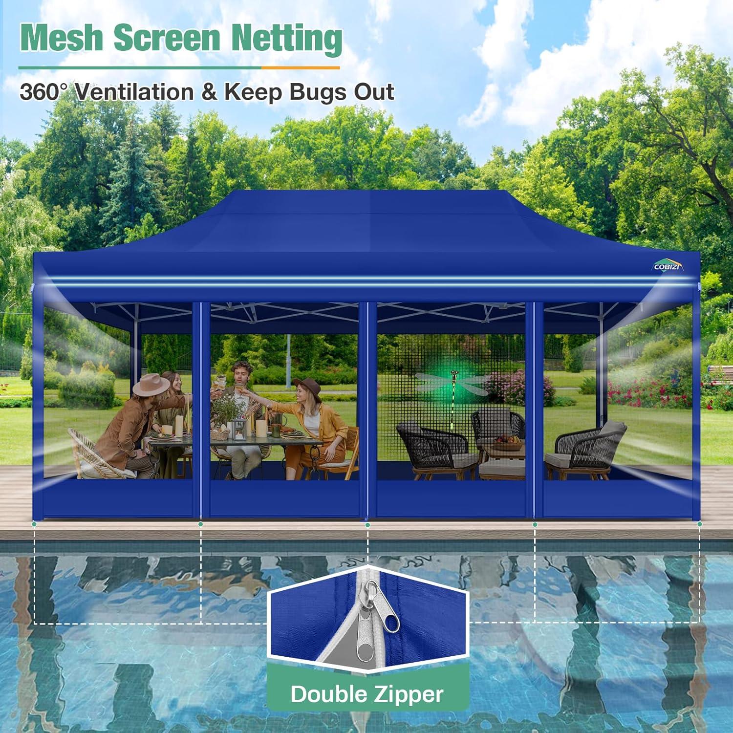 image:imageCOBIZI Canopy Tent 10x10 Heavy Duty Pop Up Gazebo with Netting ScreenedWaterproof Ez up Canopy with Sidewalls Outdoor Instant Screen House Tent for CampingBackyard Wedding BirthdayBlackDark Blue