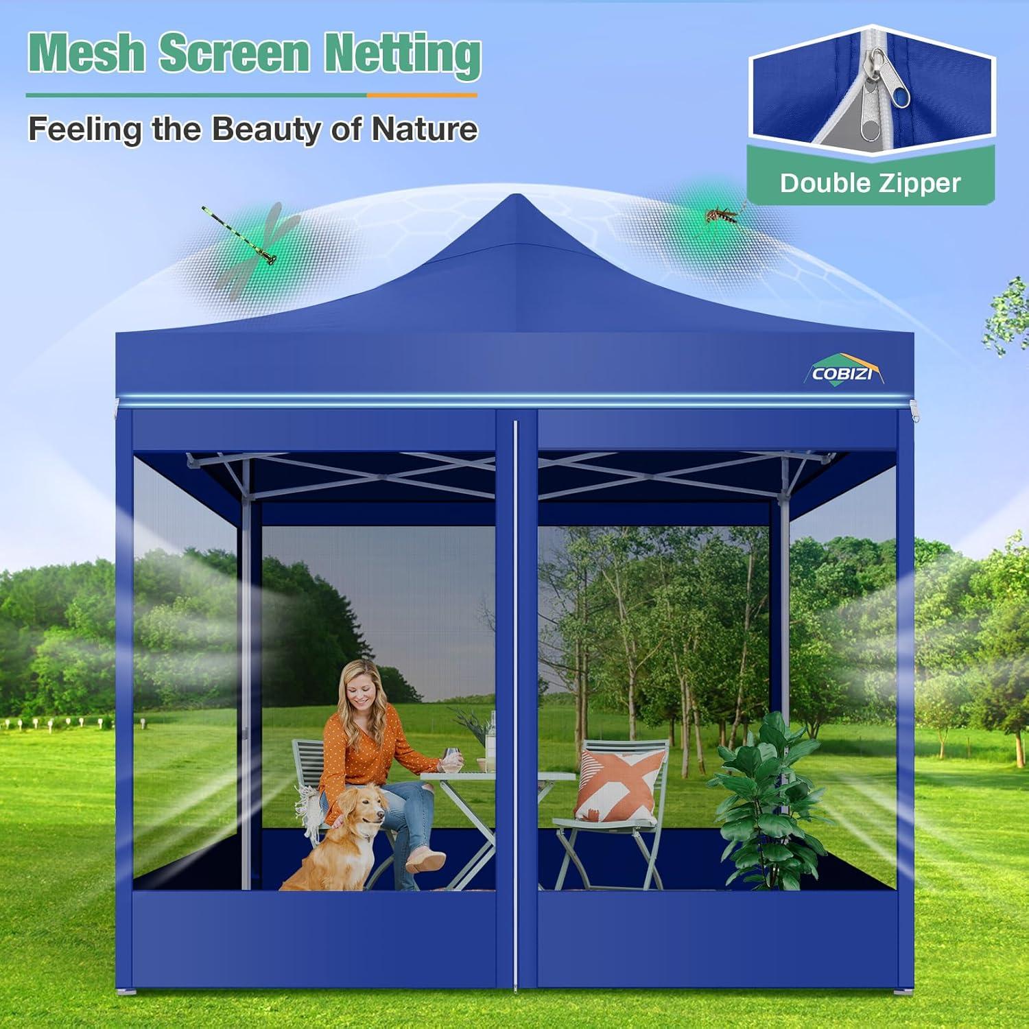 image:imageCOBIZI Canopy Tent 10x10 Heavy Duty Pop Up Gazebo with Netting ScreenedWaterproof Ez up Canopy with Sidewalls Outdoor Instant Screen House Tent for CampingBackyard Wedding BirthdayBlackDark Blue