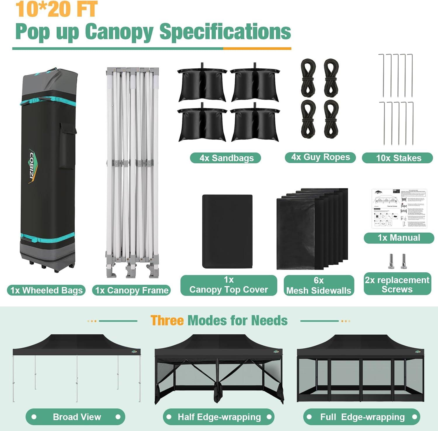 image:imageCOBIZI Canopy Tent 10x10 Heavy Duty Pop Up Gazebo with Netting ScreenedWaterproof Ez up Canopy with Sidewalls Outdoor Instant Screen House Tent for CampingBackyard Wedding BirthdayBlackBlack