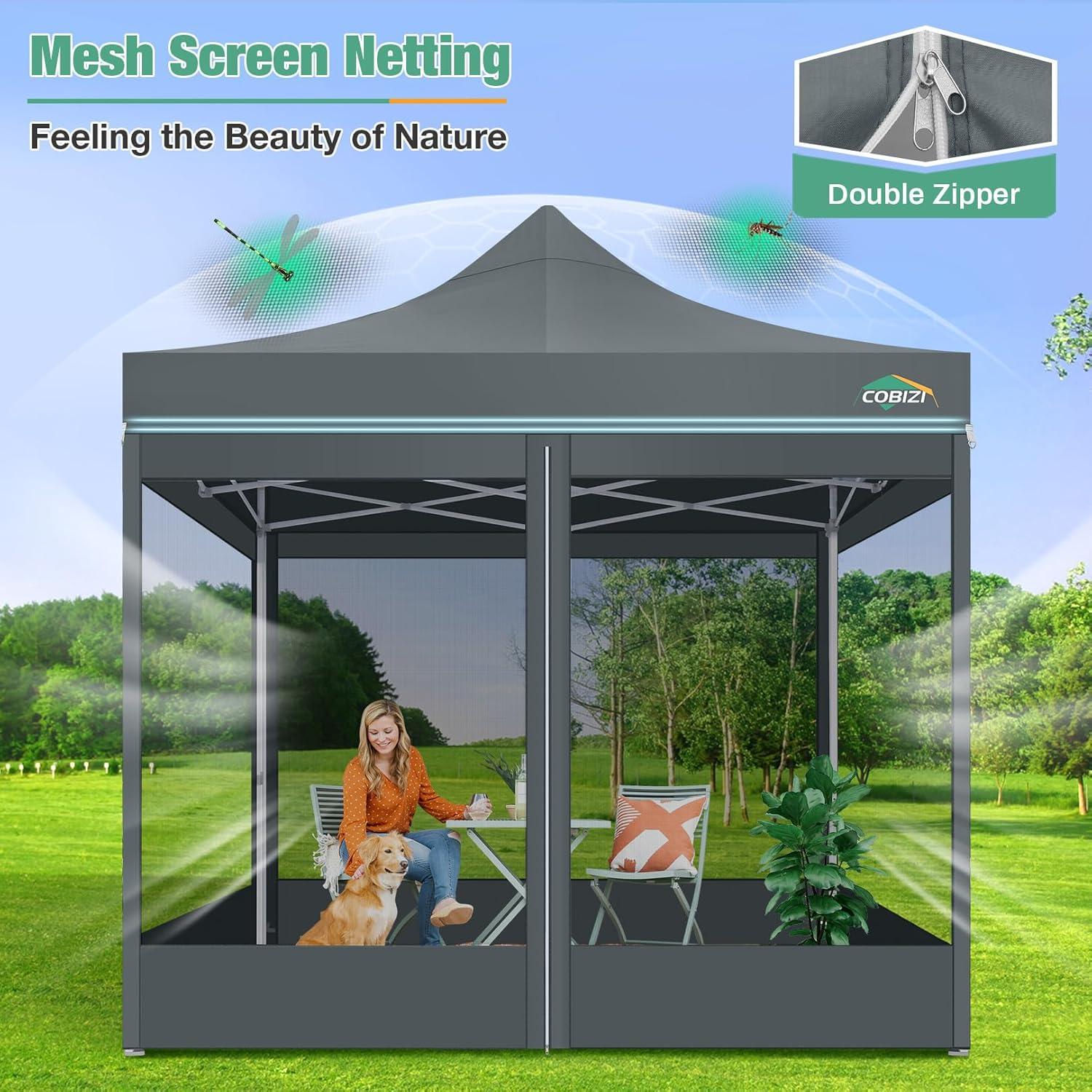 image:imageCOBIZI Canopy Tent 10x10 Heavy Duty Pop Up Gazebo with Netting ScreenedWaterproof Ez up Canopy with Sidewalls Outdoor Instant Screen House Tent for CampingBackyard Wedding BirthdayBlackGray