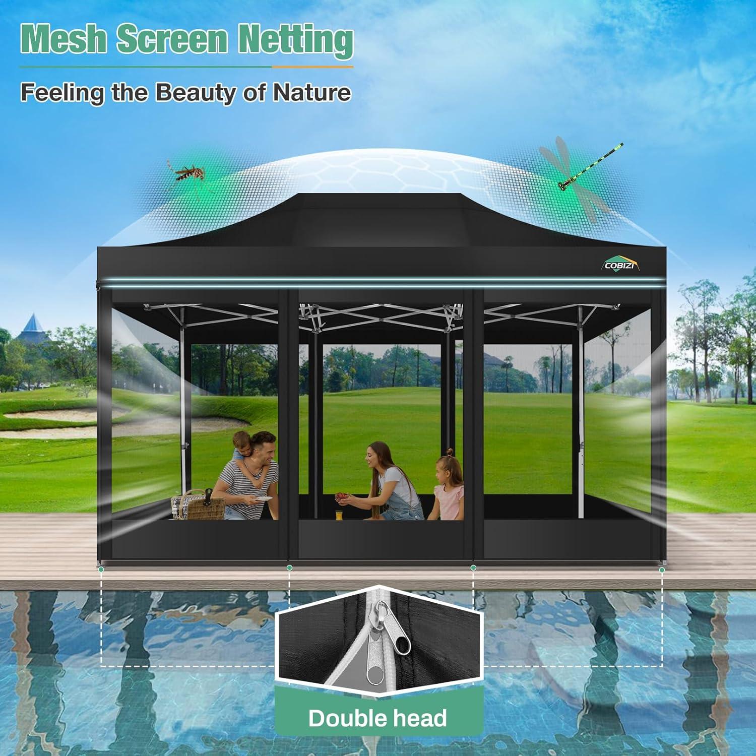 image:imageCOBIZI Canopy Tent 10x10 Heavy Duty Pop Up Gazebo with Netting ScreenedWaterproof Ez up Canopy with Sidewalls Outdoor Instant Screen House Tent for CampingBackyard Wedding BirthdayBlackBlack