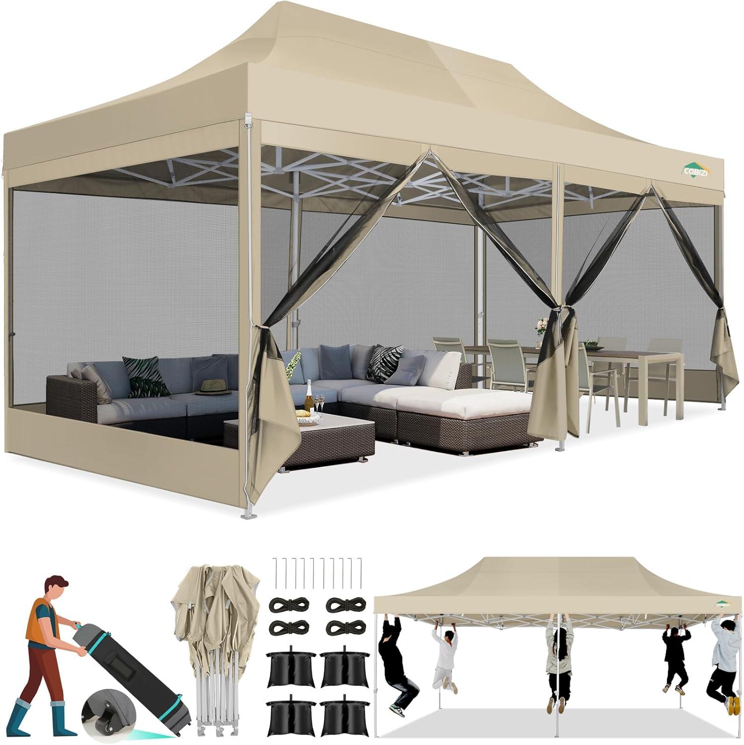 image:imageCOBIZI Canopy Tent 10x10 Heavy Duty Pop Up Gazebo with Netting ScreenedWaterproof Ez up Canopy with Sidewalls Outdoor Instant Screen House Tent for CampingBackyard Wedding BirthdayBlackKhaki