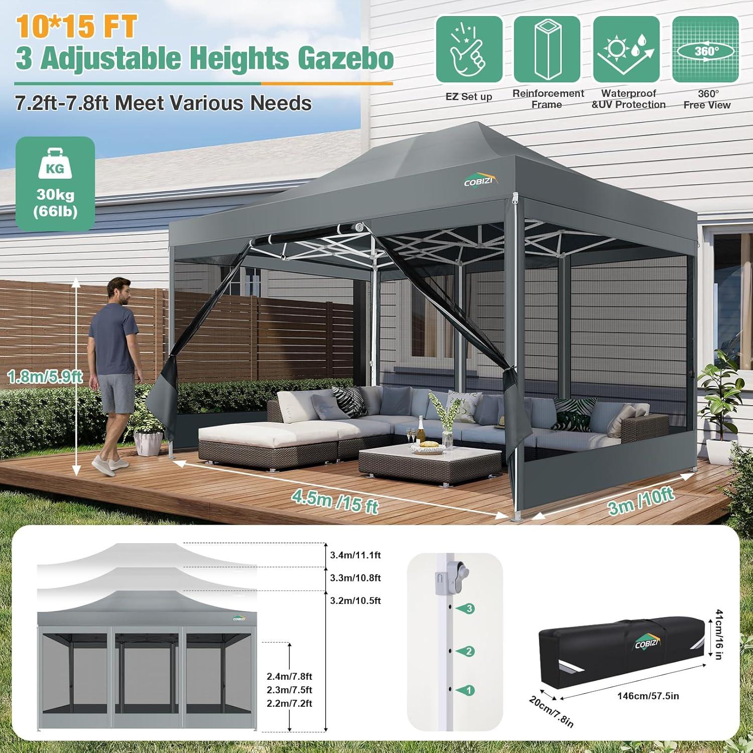 image:imageCOBIZI Canopy Tent 10x10 Heavy Duty Pop Up Gazebo with Netting ScreenedWaterproof Ez up Canopy with Sidewalls Outdoor Instant Screen House Tent for CampingBackyard Wedding BirthdayBlackGray