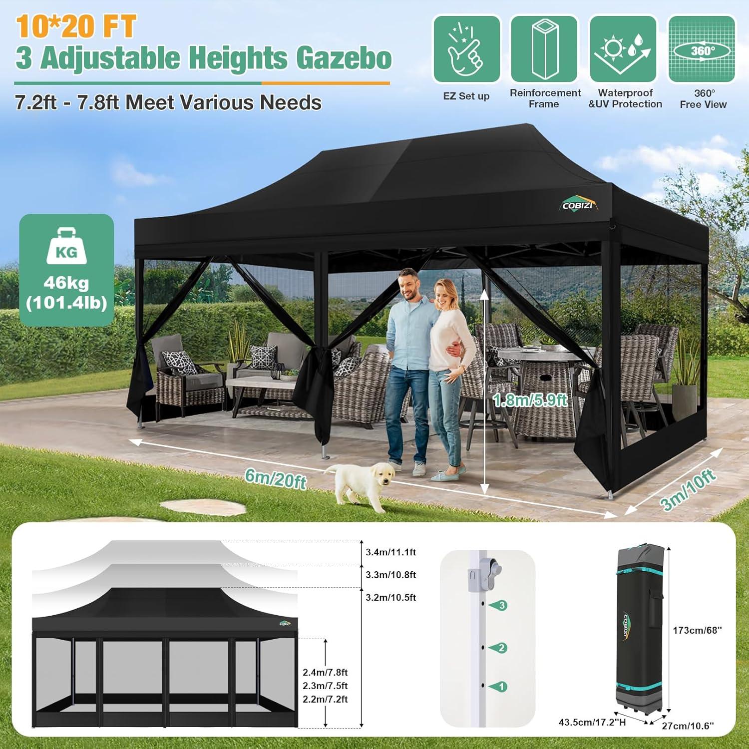 image:imageCOBIZI Canopy Tent 10x10 Heavy Duty Pop Up Gazebo with Netting ScreenedWaterproof Ez up Canopy with Sidewalls Outdoor Instant Screen House Tent for CampingBackyard Wedding BirthdayBlackBlack