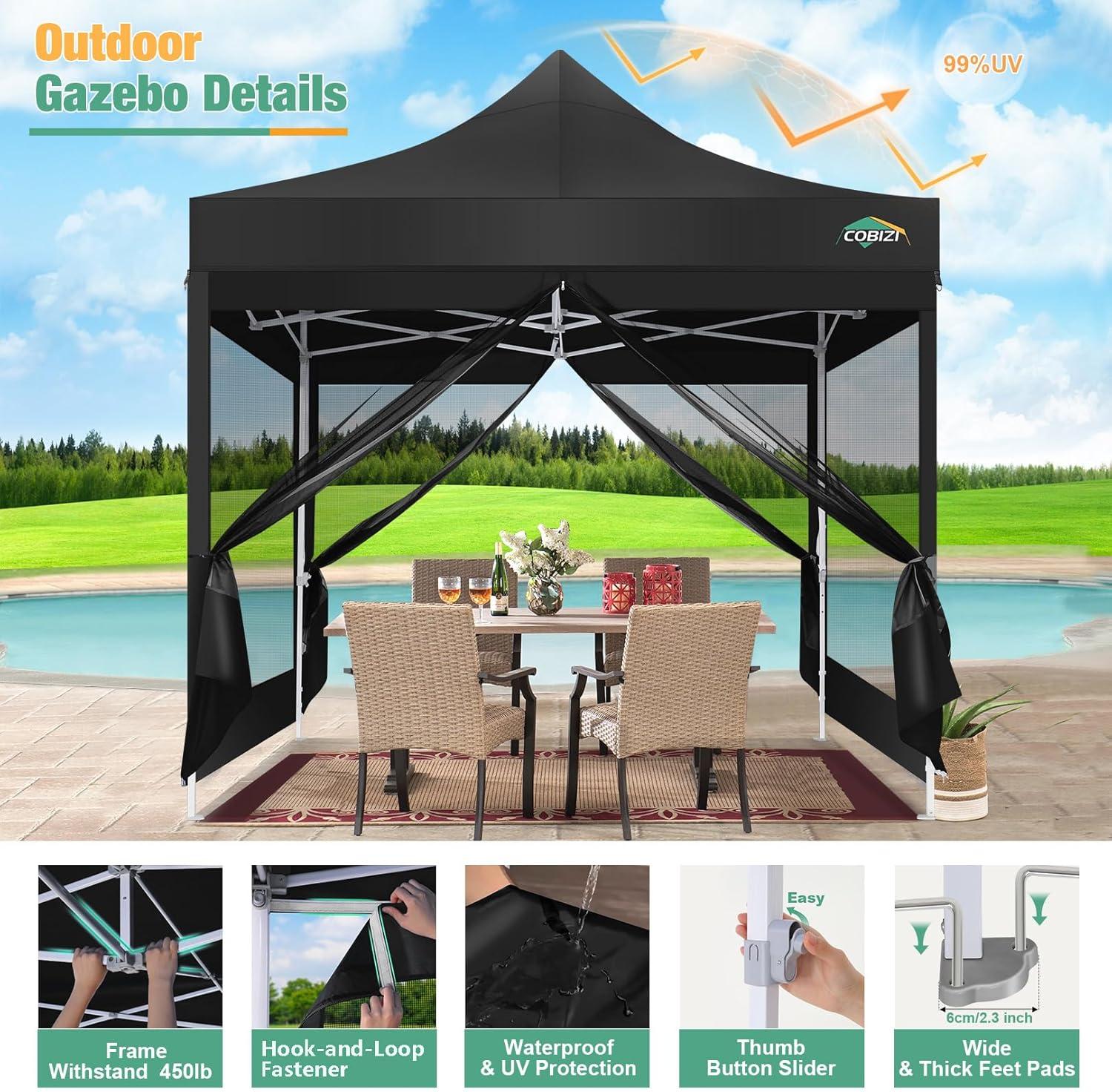 image:imageCOBIZI Canopy Tent 10x10 Heavy Duty Pop Up Gazebo with Netting ScreenedWaterproof Ez up Canopy with Sidewalls Outdoor Instant Screen House Tent for CampingBackyard Wedding BirthdayBlackBlack