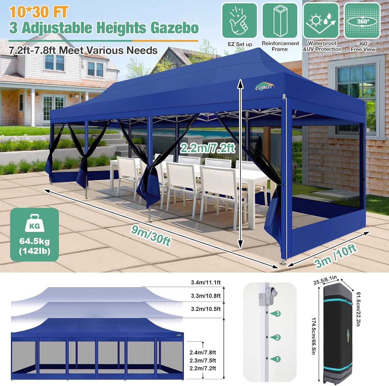 image:imageCOBIZI Canopy Tent 10x10 Heavy Duty Pop Up Gazebo with Netting ScreenedWaterproof Ez up Canopy with Sidewalls Outdoor Instant Screen House Tent for CampingBackyard Wedding BirthdayBlackDark Blue