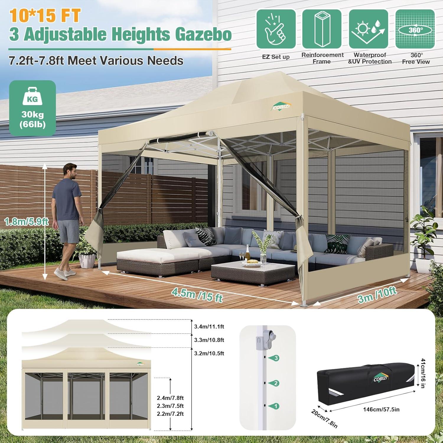 image:imageCOBIZI Canopy Tent 10x10 Heavy Duty Pop Up Gazebo with Netting ScreenedWaterproof Ez up Canopy with Sidewalls Outdoor Instant Screen House Tent for CampingBackyard Wedding BirthdayBlackKhaki