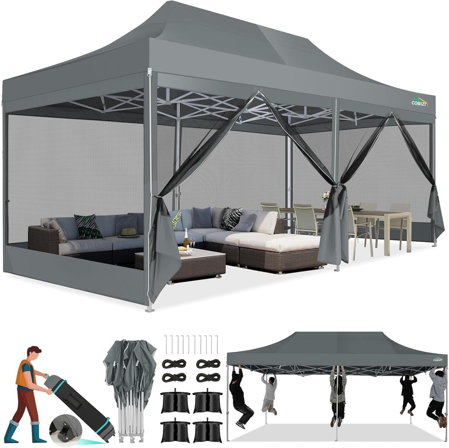 image:imageCOBIZI Canopy Tent 10x10 Heavy Duty Pop Up Gazebo with Netting ScreenedWaterproof Ez up Canopy with Sidewalls Outdoor Instant Screen House Tent for CampingBackyard Wedding BirthdayBlackGray