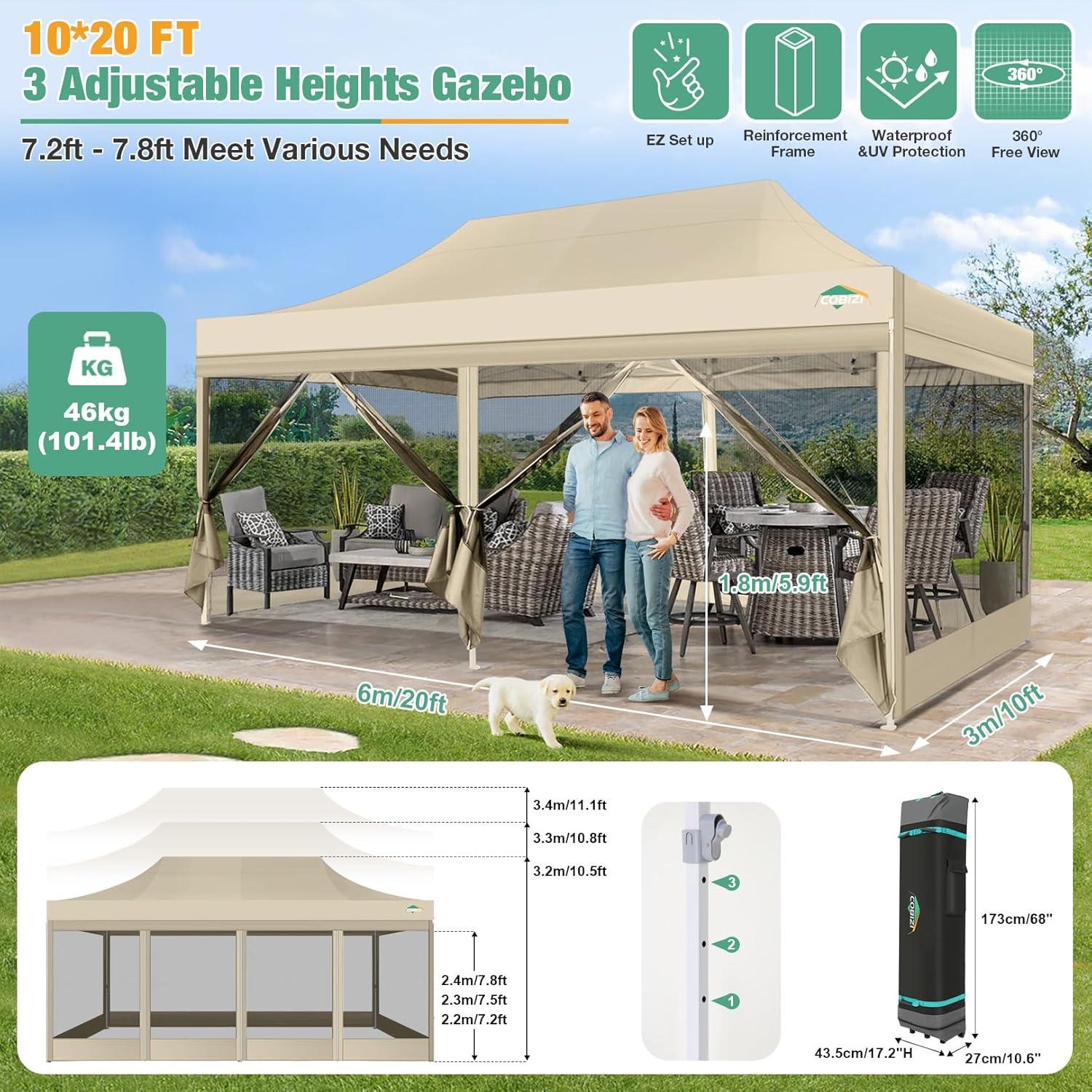 image:imageCOBIZI Canopy Tent 10x10 Heavy Duty Pop Up Gazebo with Netting ScreenedWaterproof Ez up Canopy with Sidewalls Outdoor Instant Screen House Tent for CampingBackyard Wedding BirthdayBlackKhaki