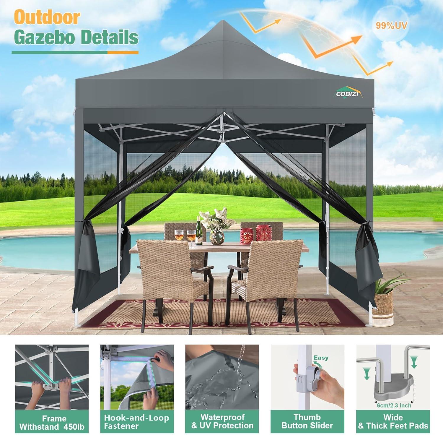 image:imageCOBIZI Canopy Tent 10x10 Heavy Duty Pop Up Gazebo with Netting ScreenedWaterproof Ez up Canopy with Sidewalls Outdoor Instant Screen House Tent for CampingBackyard Wedding BirthdayBlackGray